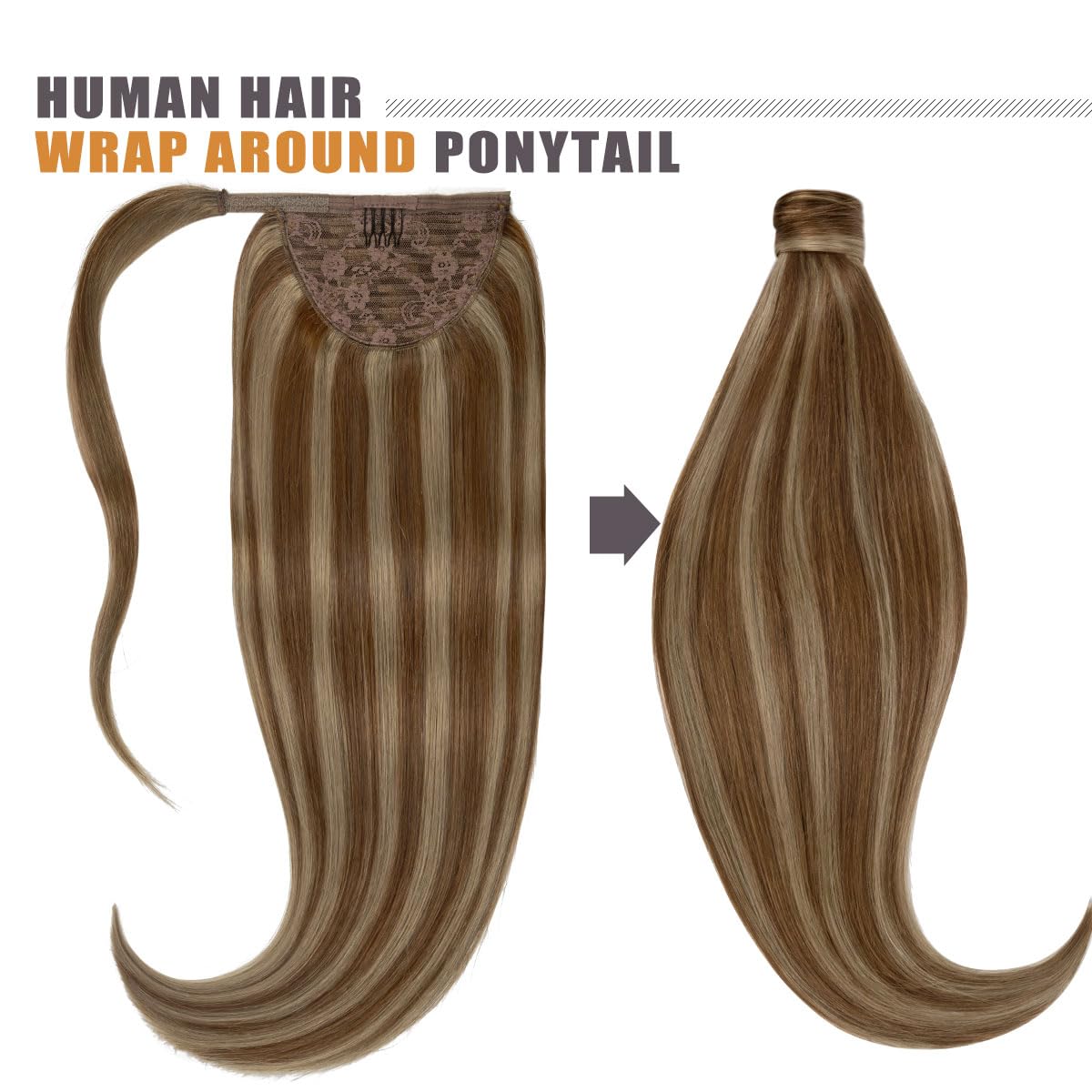 14 Inch Dark Brown Human Hair Ponytail Extensions with Light Brown Highlights - 70g Thick Pony Tail Hairpiece for Women (Color #4/8) | Perfect for Parties, Weddings & Daily Styling