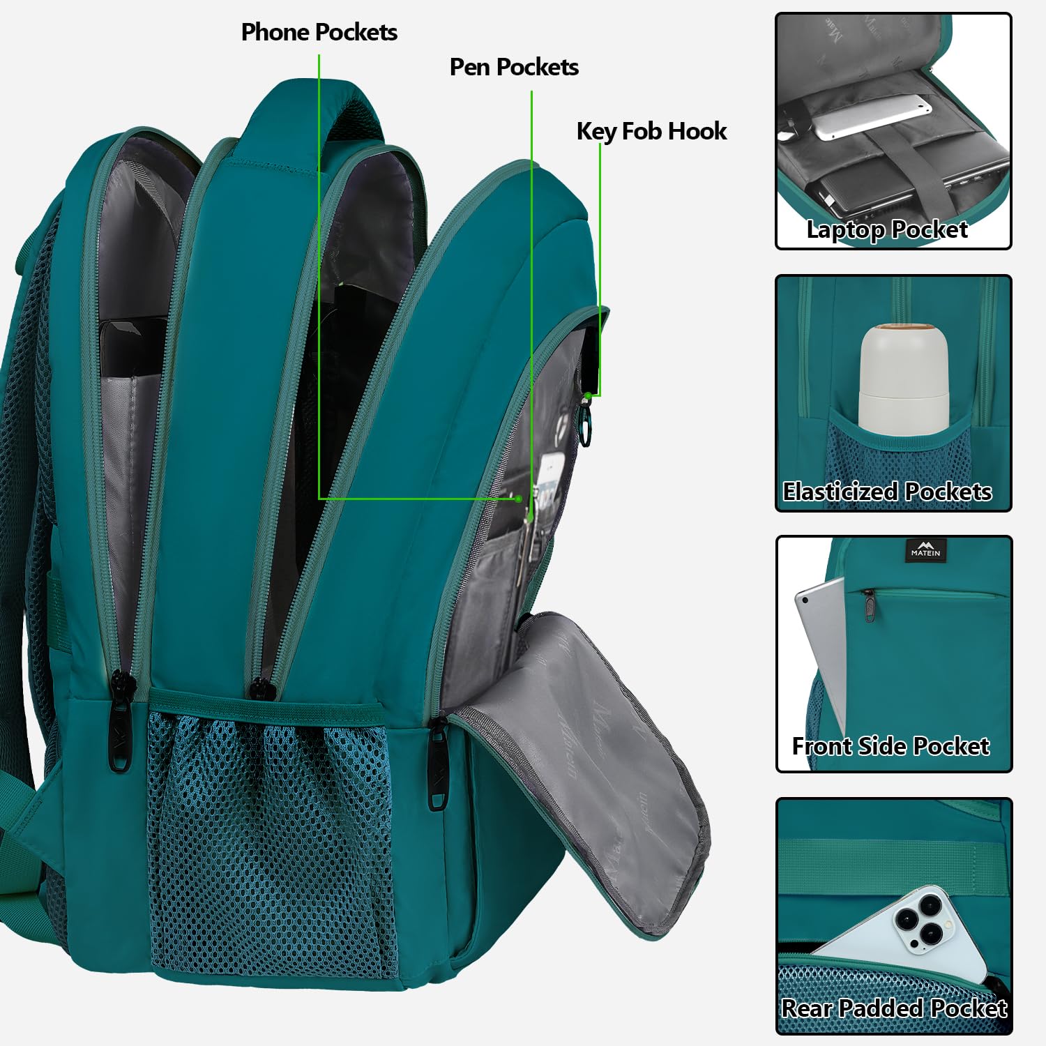 MATEIN Slim Anti-Theft Laptop Backpack 15.6 Inch with USB Charging Port - Water Resistant Travel Backpack for Work, College & Commuting - Durable Computer Bag for Men & Women (Peacock Blue) - Perfect for Business Trips, School & Daily Use
