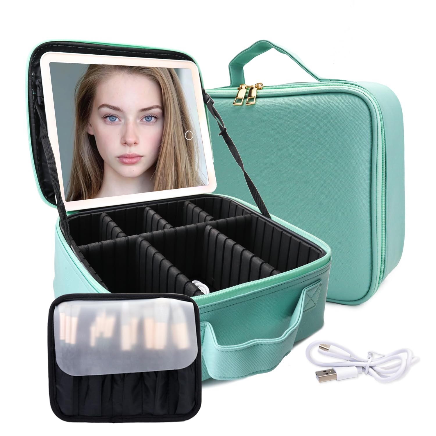 LED Lighted Travel Makeup Bag with Mirror - Portable Cosmetic Organizer with Adjustable Dividers for Makeup Brushes & Toiletries (Light Green) | Perfect for Travel, Home Use & On-the-Go Touchups