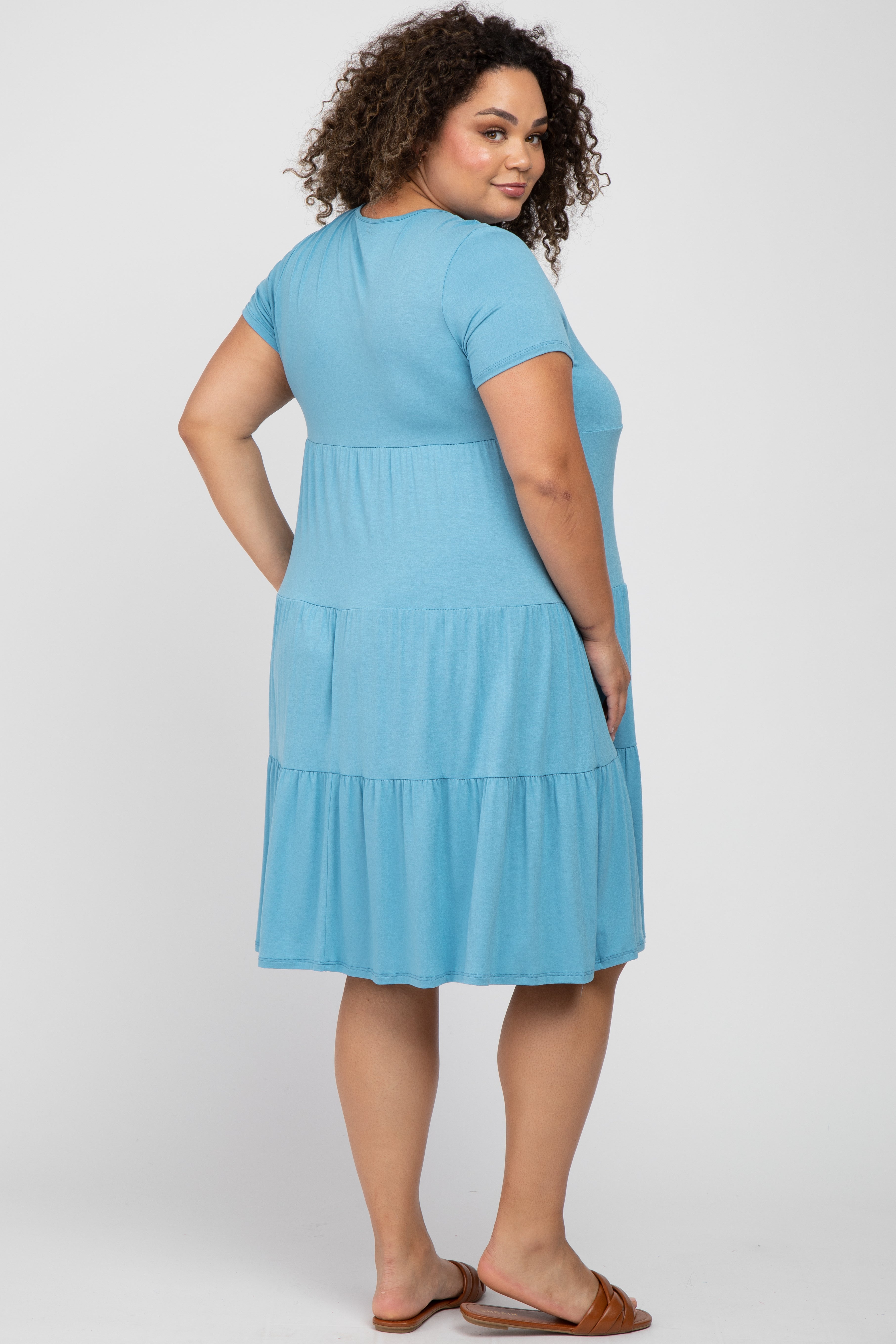 Aqua Blue Tiered Maternity Plus Size Dress for Pregnancy - Comfortable & Stylish Outfit for Baby Showers, Maternity Photos & Special Occasions