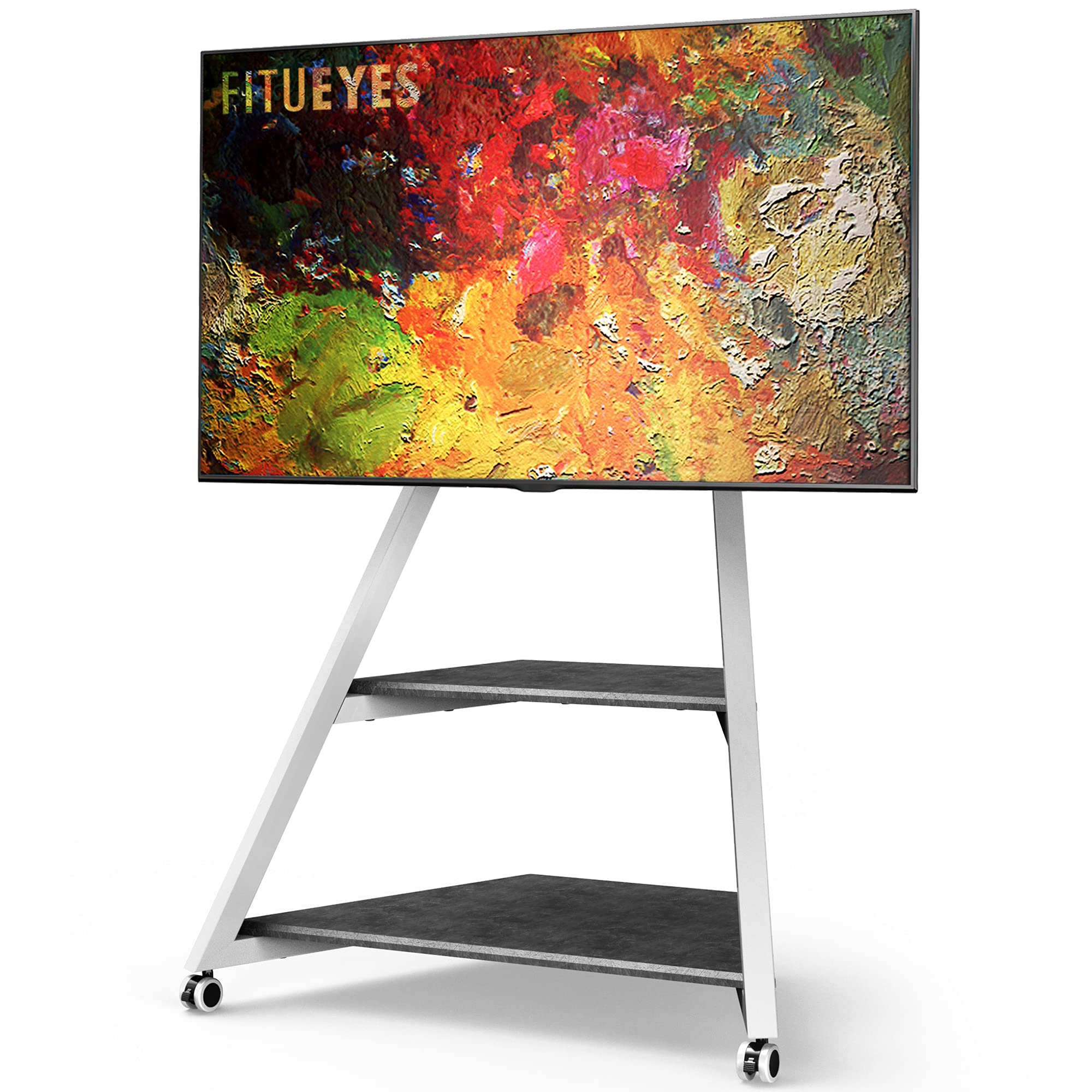 FITUEYES Eiffel Series Modern TV Stand for 43-75 Inch Flat/Curved Screens - White Wooden Storage Shelves TV Cart Floor Stand with Mount for LCD/LED TVs | Living Room, Bedroom, Office Entertainment Center
