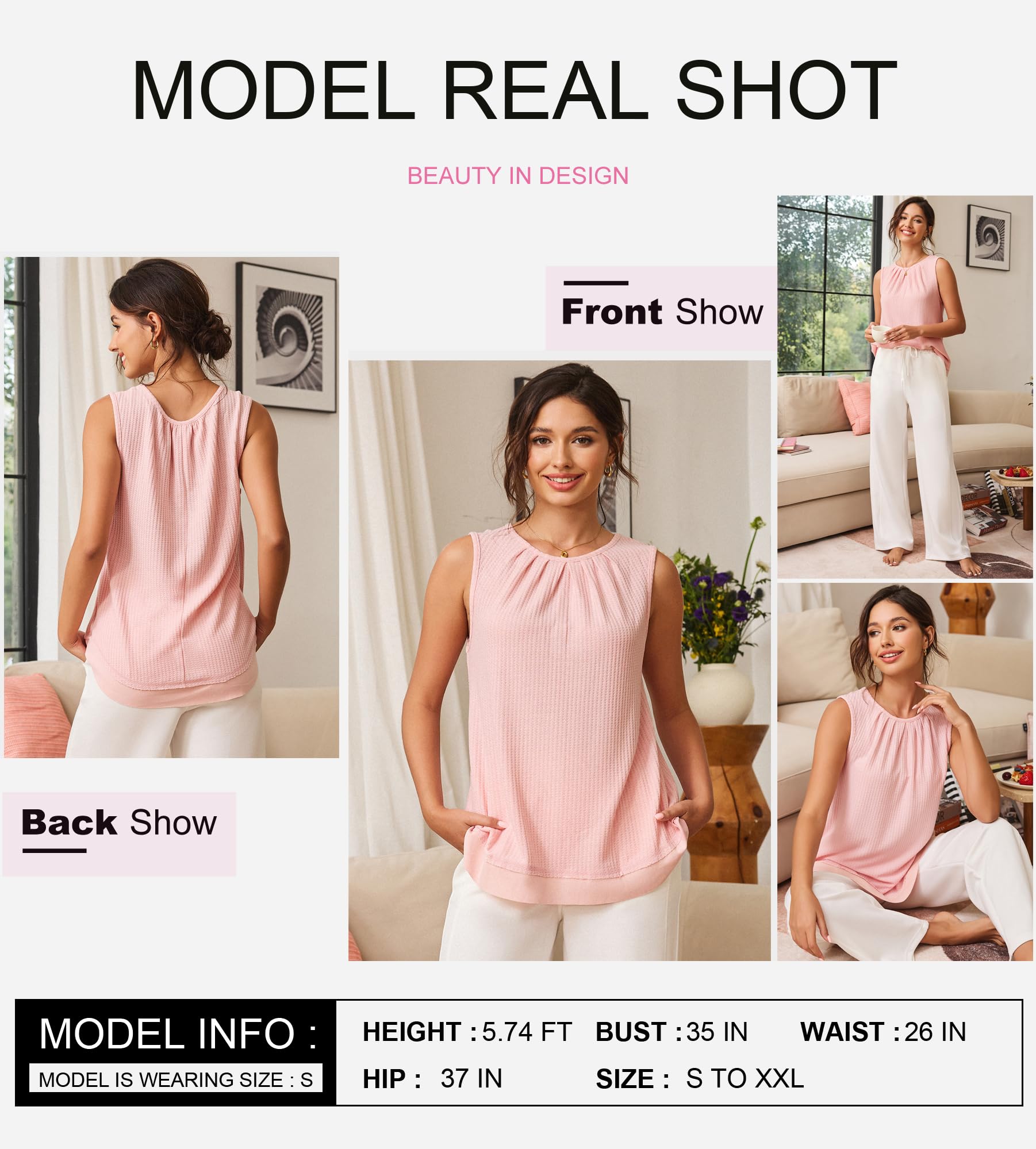 Dokotoo Women's Summer Tank Tops - Pleated Crewneck Waffle Knit Tunic Tops, Trendy Loose Fit Sleeveless Blouses for Casual Wear, Beach Outfits & Summer Fashion