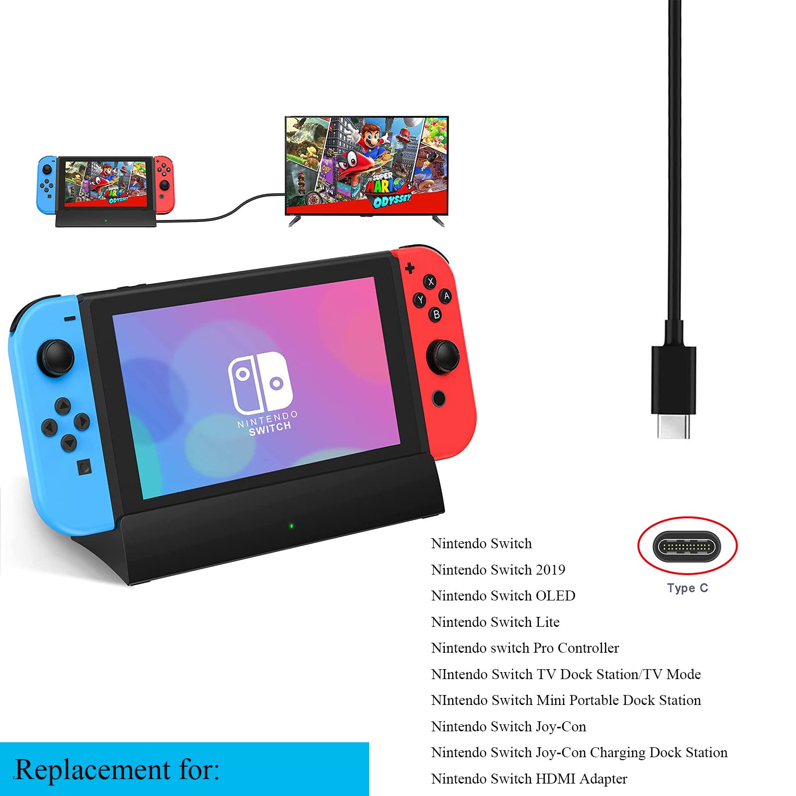 10Ft Fast Charger Replacement for Nintendo Switch - Supports TV Mode & Dock Station with 10Ft USB C Cable - Perfect for Gaming, Travel & Home Entertainment