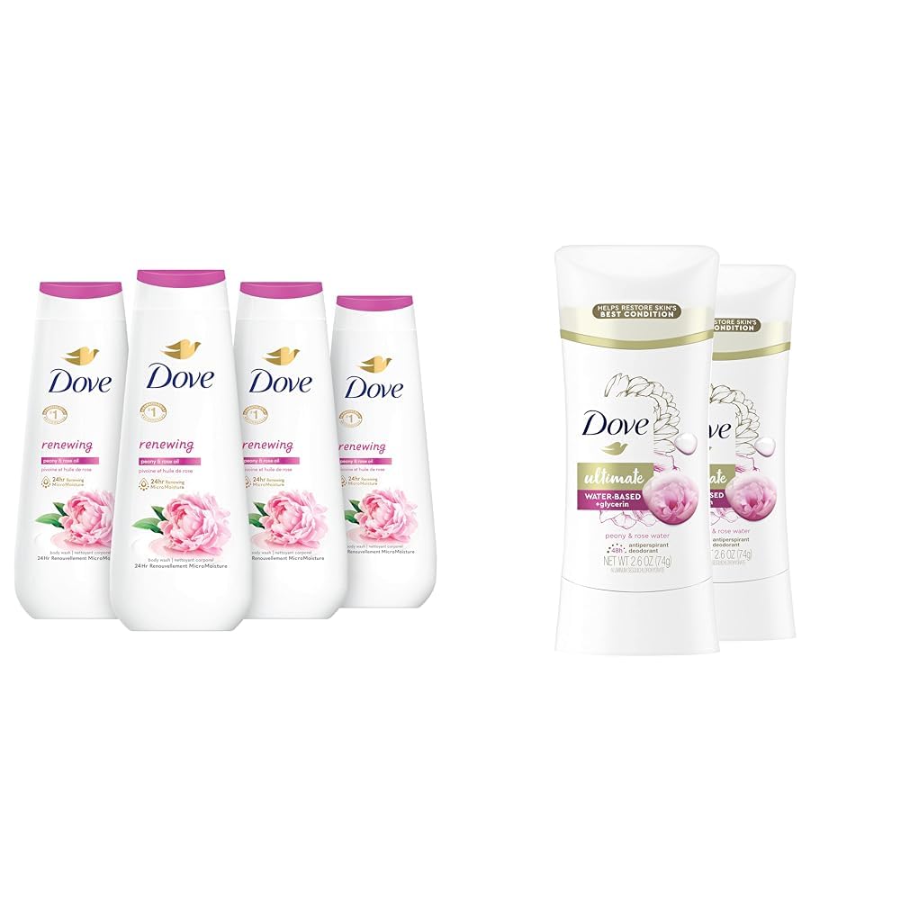 Dove Peony & Rose Oil Body Wash 4-Pack + Peony & Rose Water Antiperspirant Deodorant 2-Pack Bundle | Hydrating Shower Gel & Odor Protection for Women | Perfect for Daily Skincare Routine & Gift Sets