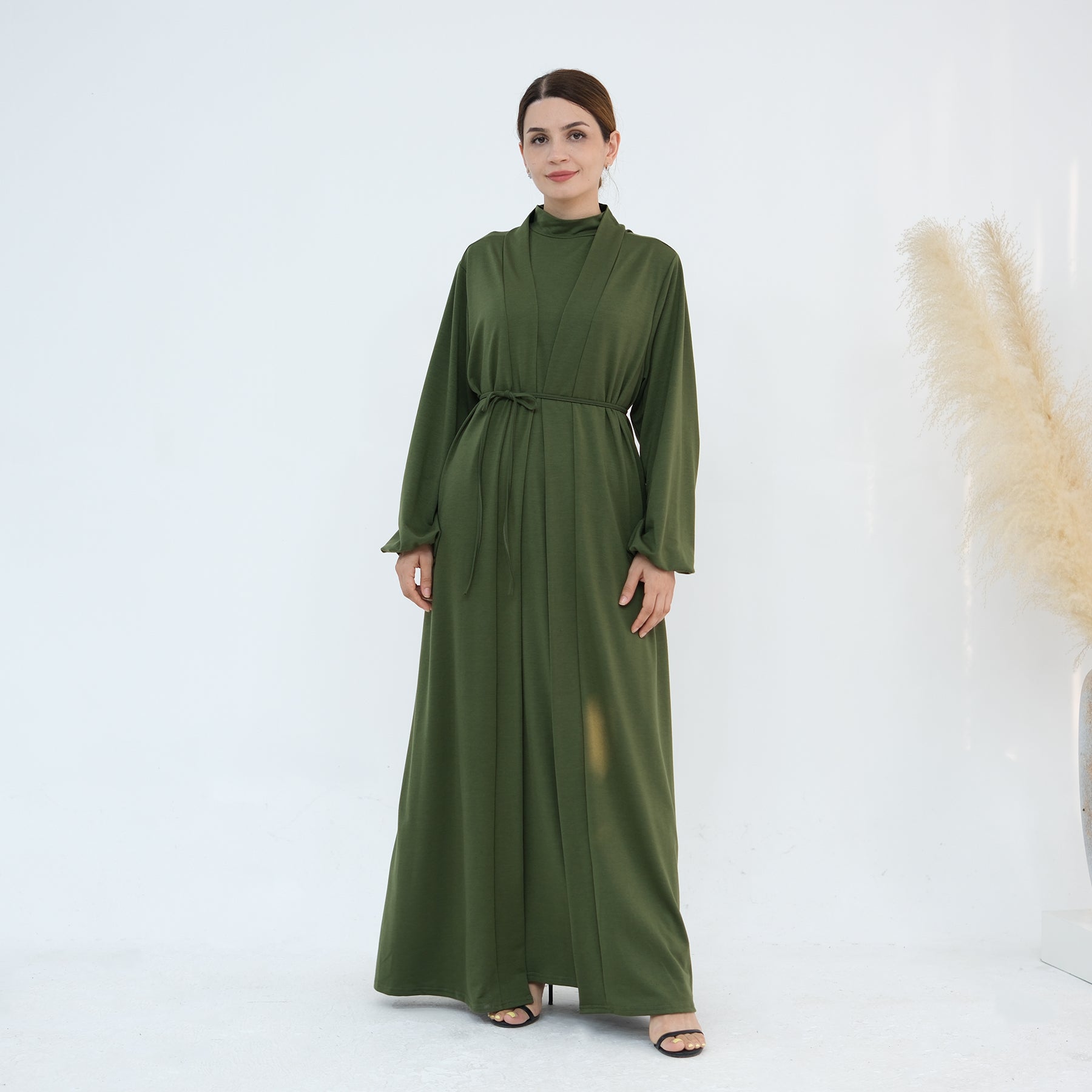Jojo 3-Piece Modal Abaya Set - Soft Olive Green Muslim Prayer Dress for Women | Comfortable & Breathable Islamic Clothing for Prayer, Mosque & Special Occasions
