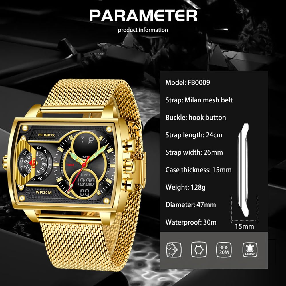 Luxury Men's Square Dial Digital Analog Quartz Wristwatch - Waterproof Luminous Dual Display Business Watch for Boys & Men | Perfect for Office, Formal Events & Everyday Wear