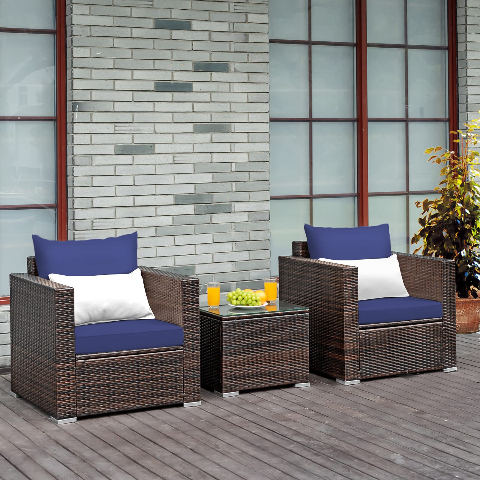 Tangkula 3-Piece Outdoor Patio Furniture Set - PE Rattan Wicker Sofa with Washable Cushions & Tempered Glass Table - Garden, Poolside, Balcony Conversation Set for Relaxing & Entertaining
