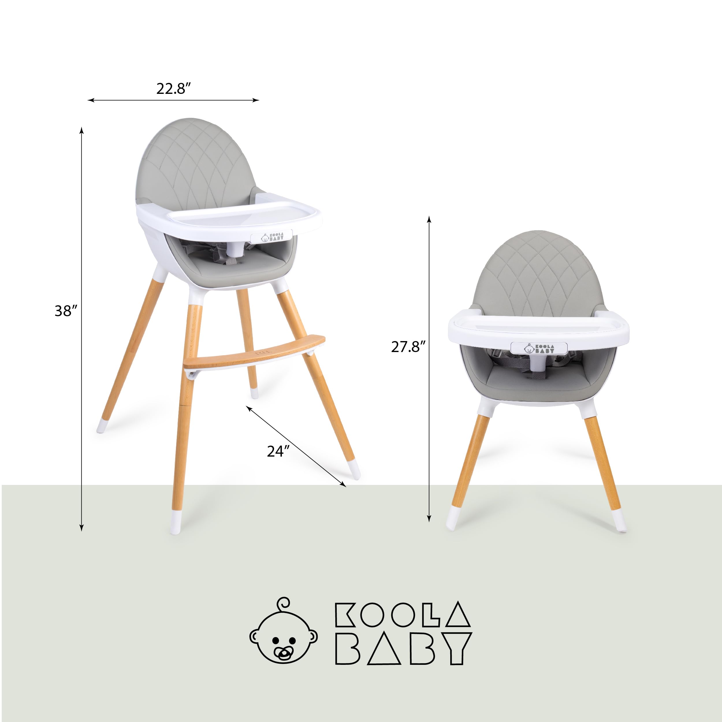 KoolaBaby Convertible Wooden High Chair for Babies & Toddlers - Adjustable Height, Dishwasher Safe Tray - Wooden Feeding & Dining Chair Converts to Booster Seat - Perfect for Home, Kitchen & Restaurant Use
