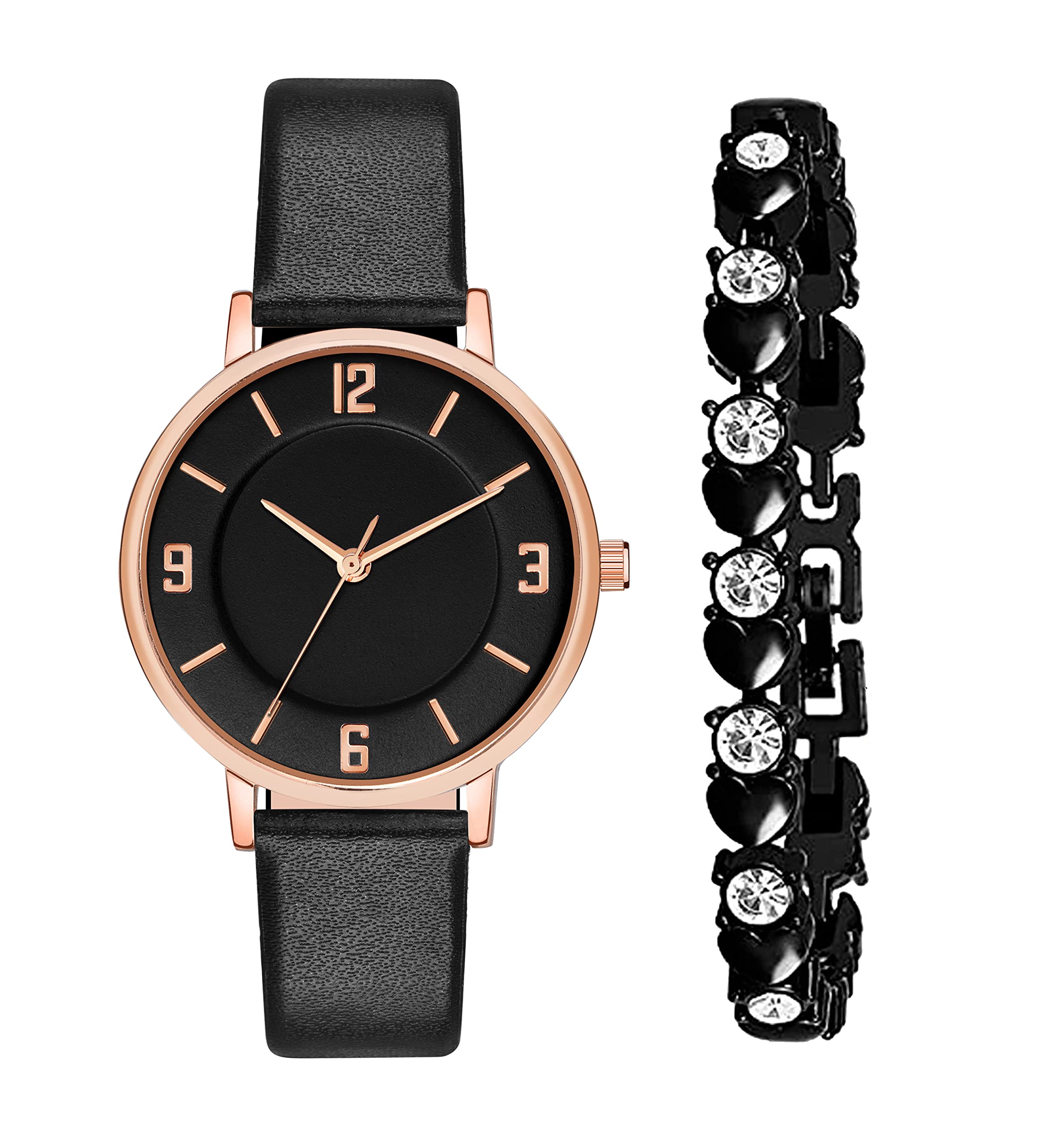 CORXIL Analog Women's & Girls Watch with Black Leather Strap & Bracelet Set - Stylish Black Dial Watch for Women & Teens - Perfect for Everyday Wear, Office & Casual Outfits