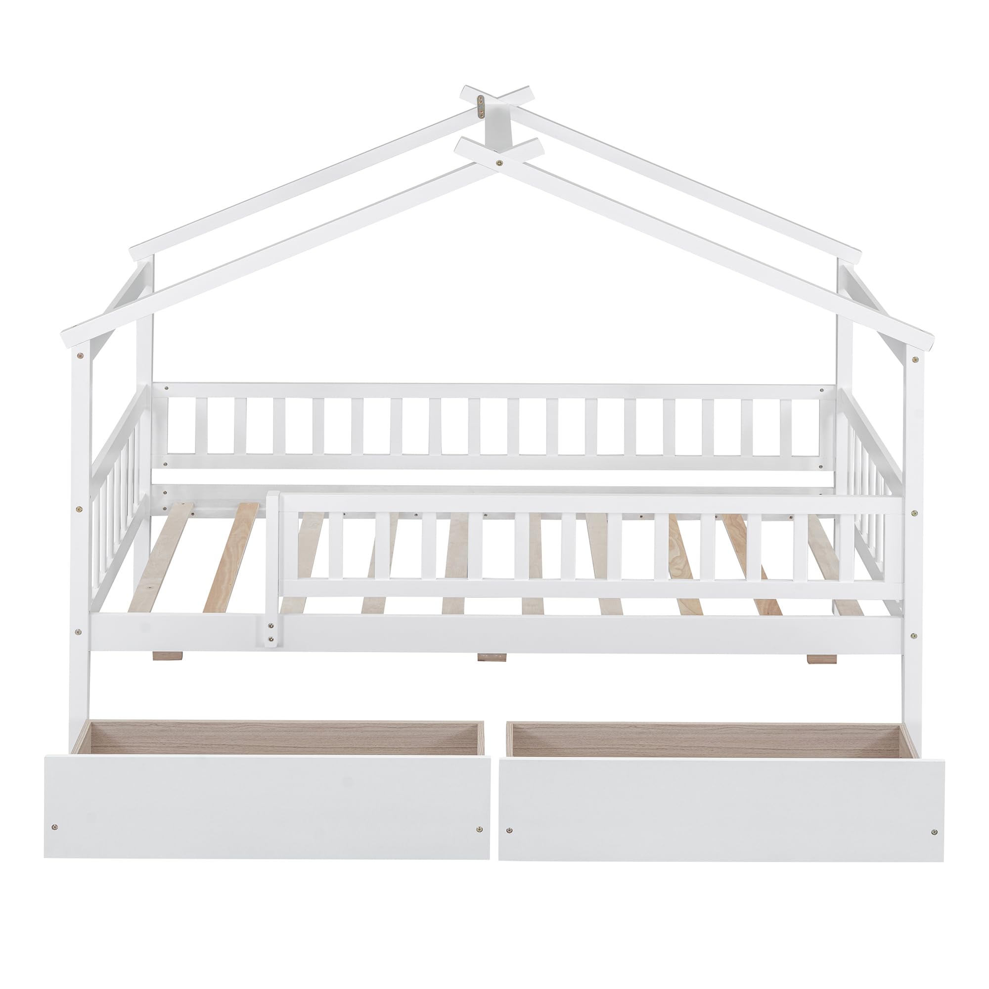 Harper & Bright Designs Twin Size Wooden House Bed for Kids with 2 Storage Drawers - Montessori Bed Frame with Roof & Safety Rails - Perfect for Boys & Girls Bedrooms (White) - Ideal for Small Spaces, Playrooms & Montessori Learning Environments