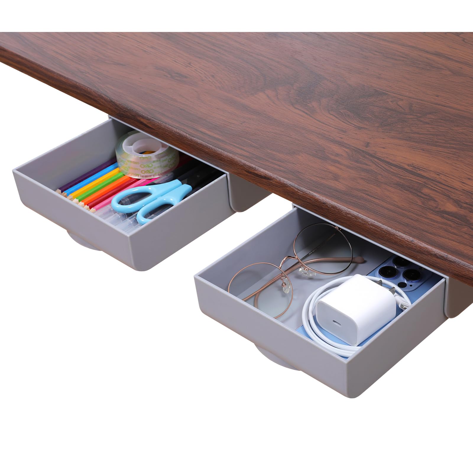 2 Pack Under Desk Drawer Organizer - Self-Adhesive Hidden Storage Tray for Pens, Pencils & Stationery | Slide-Out Design for Home Office & Workspace Organization | Space-Saving Gray Desktop Accessory for Clutter-Free Productivity