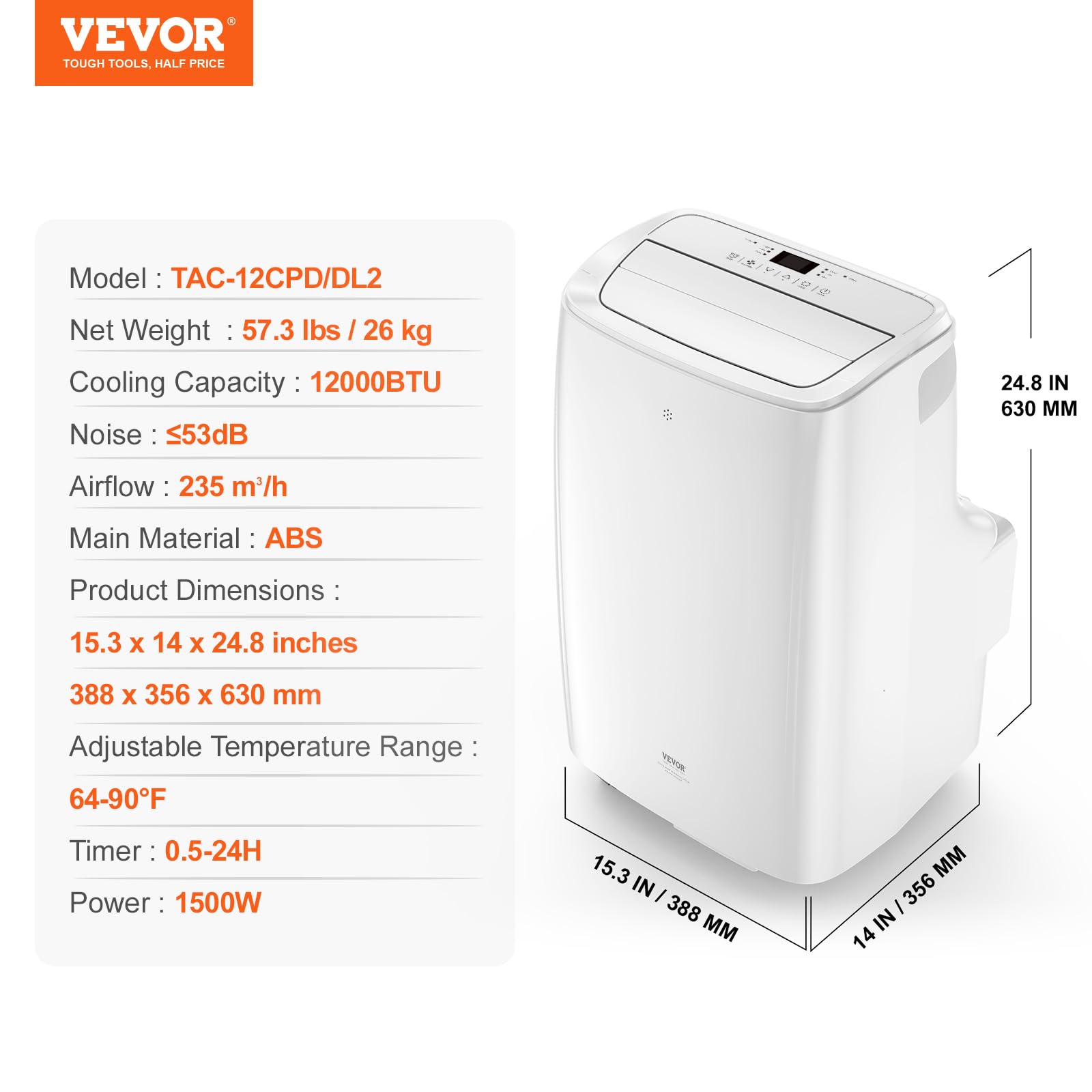 VEVOR 12,000 BTU Portable Air Conditioner - 3-in-1 Cooling, Dehumidifier & Fan for Rooms up to 550 sq.ft - Includes Remote & Window Kit - Perfect for Bedrooms, Living Rooms & Home Offices