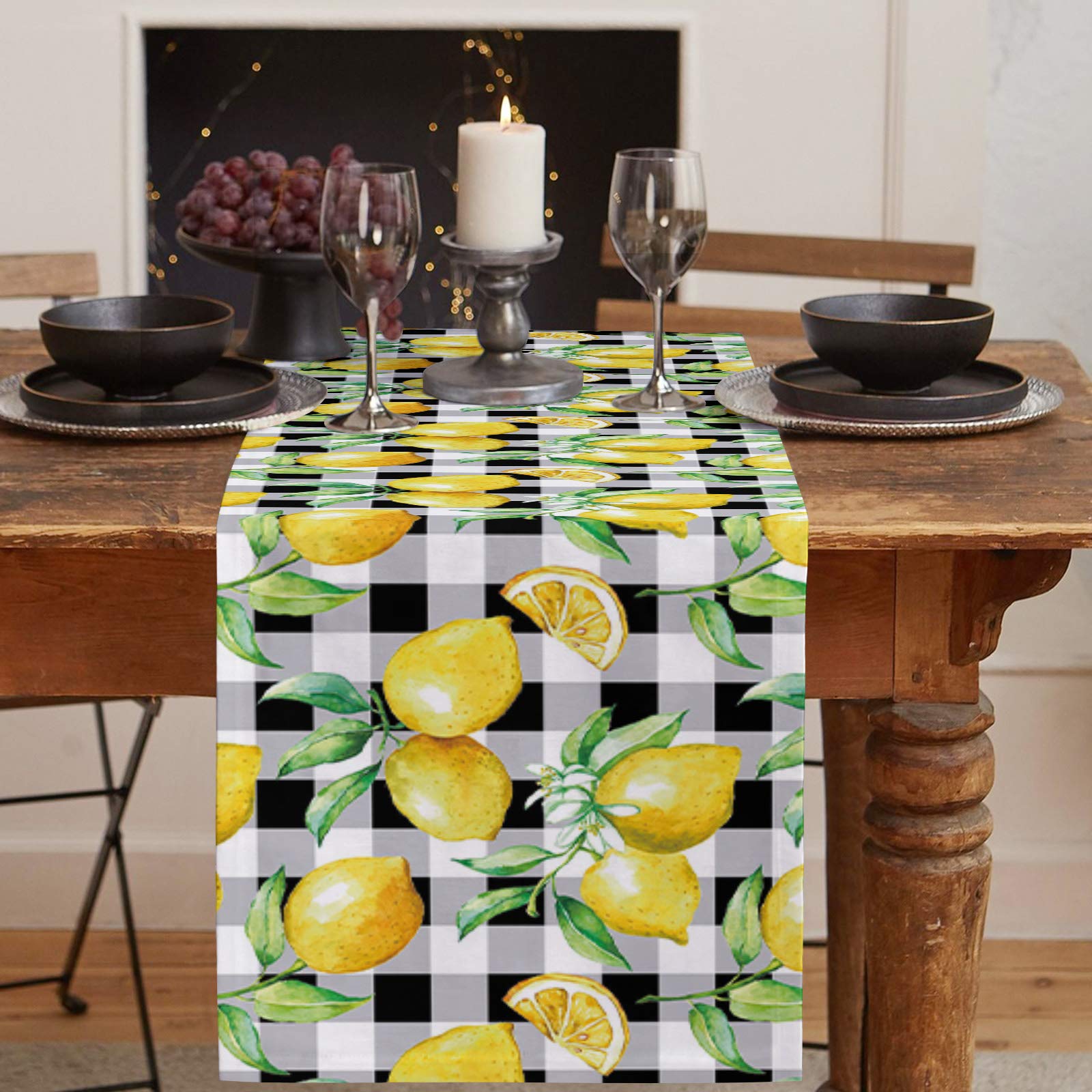 Lemon Pattern Table Runner 13x70 Inch - Yellow Lemon Buffalo Plaid Cotton Linen Tablecloth for Dining Table, Wedding, Party & Holiday Decor - Perfect for Farmhouse Kitchen, Rustic Dining Room & Seasonal Home Decoration