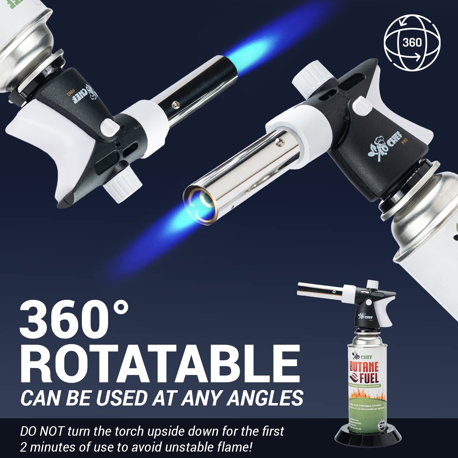 Jo Chef Pro Butane Torch Lighter - Refillable Adjustable Flame Culinary Torch with Safety Lock for BBQ, Baking, Creme Brulee, Soldering & Crafts (Includes 4 Butane Canisters) | Perfect for Kitchen, DIY Projects & Outdoor Cooking