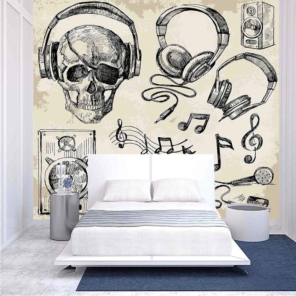 116x83 Inches Large Peel and Stick Wallpaper Mural - Vintage Music Theme with Hipster Skull, Headphones, Record Player & Mic - Self-Adhesive Removable Wall Sticker for Home Decor (Perfect for Bedroom, Living Room, or Music Studio Wall Art)