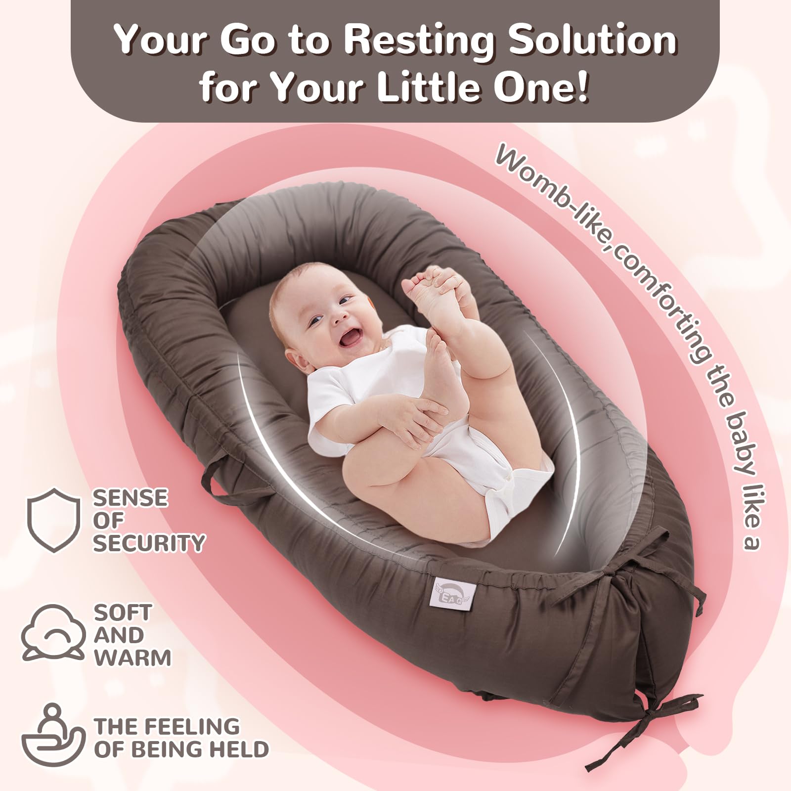 EAQ Baby Lounger - 100% Cotton Portable Infant Nest | Breathable & Soft Baby Bassinet for Co-Sleeping, Nursery, Travel | Safe Newborn Lounger Pillow for Snuggling, Playtime & On-the-Go Comfort | Perfect for Home, Daycare & Family Trips