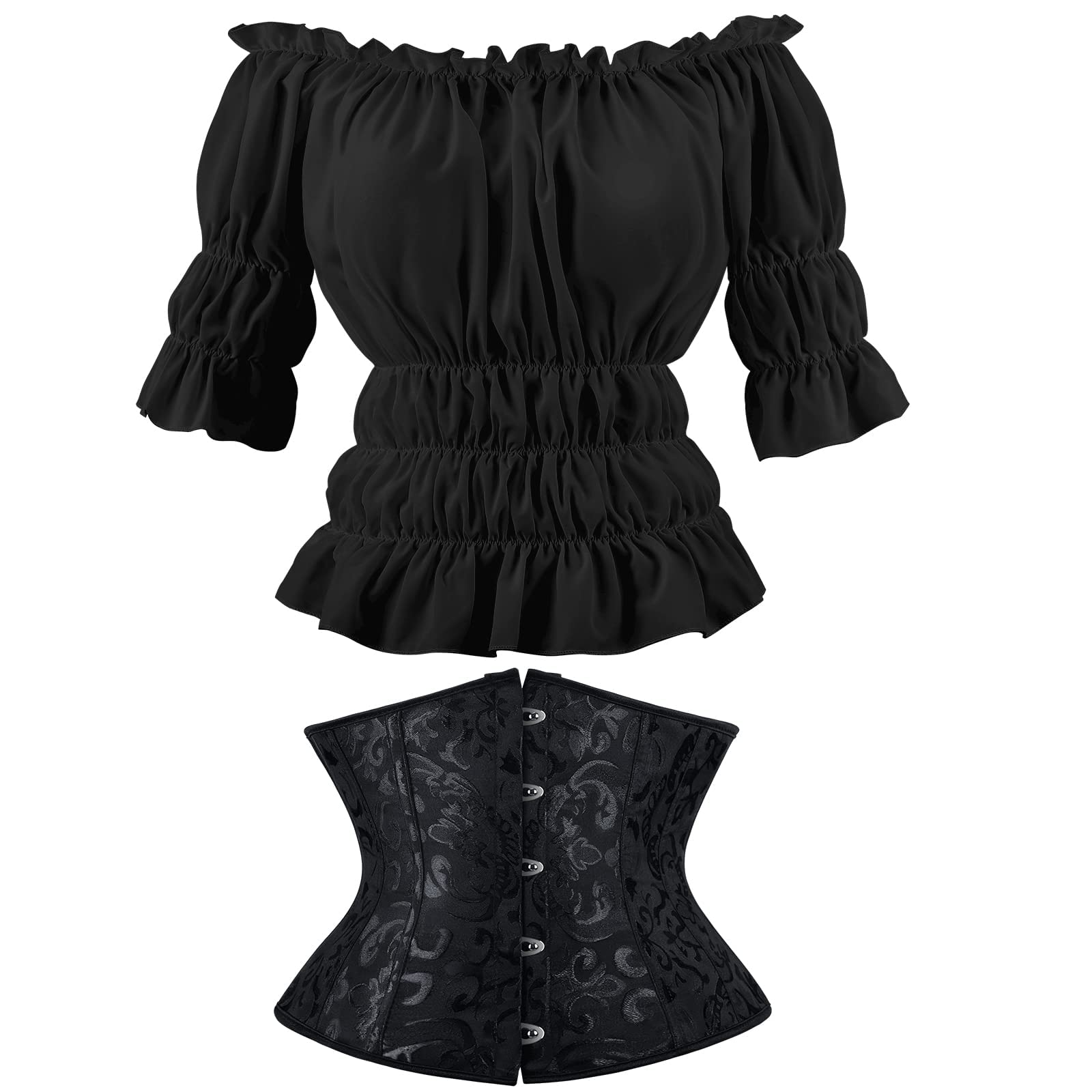 Women's Pirate Shirt Renaissance Blouse - Medieval Off Shoulder Short Sleeve Top with Corset Bustier for Halloween Costume | Perfect for Pirate Themed Parties, Renaissance Fairs & Cosplay Events