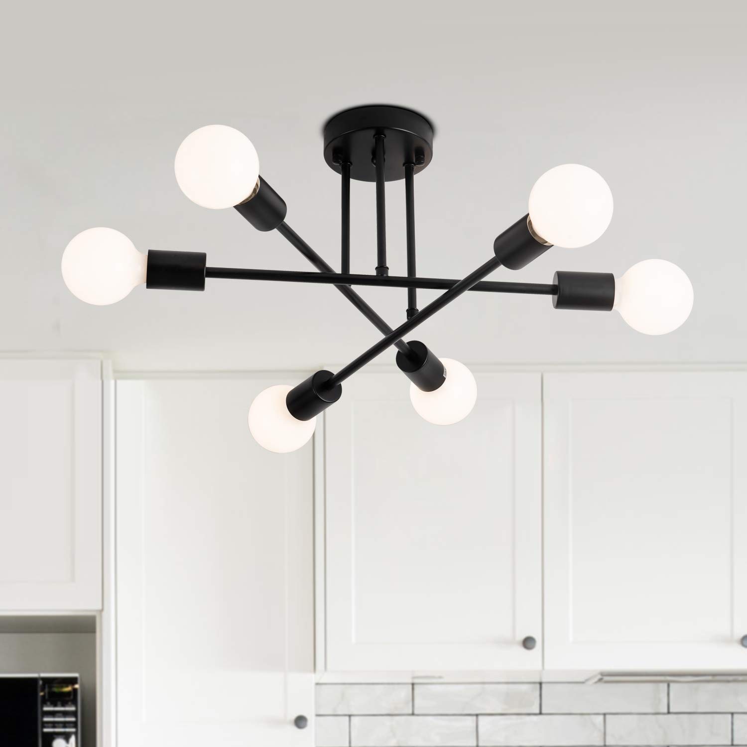 Vintage Mid Century Modern Sputnik Chandelier - 6-Light Semi Flush Mount Ceiling Light Fixture in Black - Perfect for Kitchen Island, Dining Room, Foyer, Coffee Bar & Bedroom Lighting | Energy Efficient LED Pendant Light for Home & Office Decor