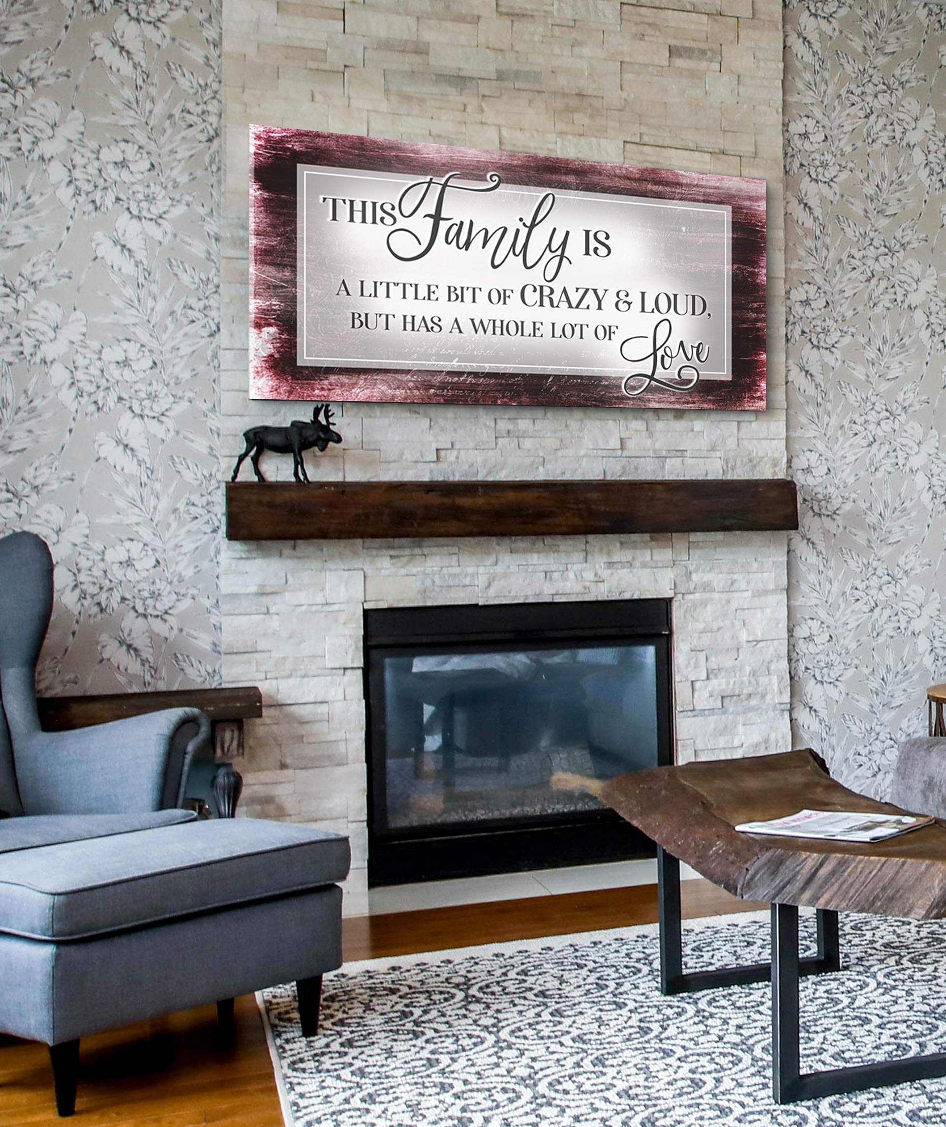 Family Sign Wall Art - Large Canvas Home Decor for Living Room & Farmhouse - 'This Family Is A Little Bit Crazy' Funny Quote (60x27 Inches, Red Wine) - Perfect for Housewarming Gifts & Rustic Interior Design