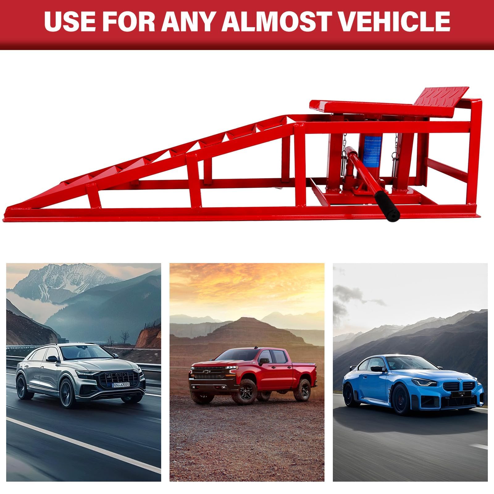 2PCS Heavy Duty Hydraulic Car Ramps - 5T/10000LBS Capacity Vehicle Ramps for Auto Repair, Low Profile Portable High Lift Car Ramps for Home Garage & Vehicle Maintenance (Red) - Perfect for Oil Changes, Tire Rotations & DIY Auto Repairs