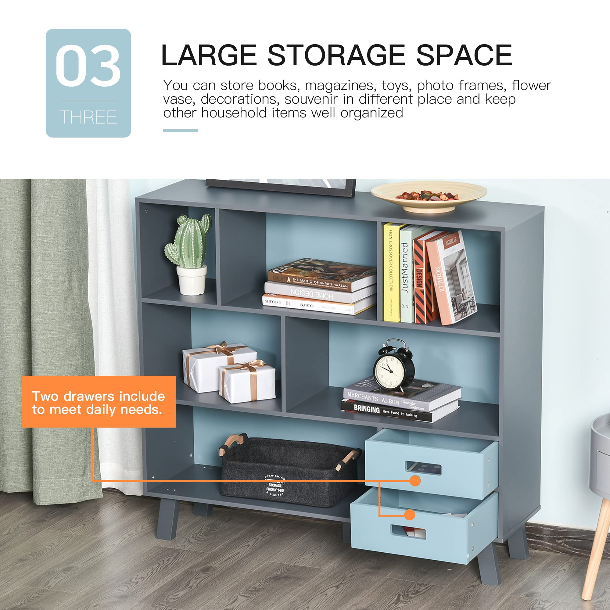 HOMCOM 3-Tier Kids Bookcase with Drawers, Open Shelf Storage Organizer for Bedroom & Playroom, Dark Blue Cube Cabinet - Perfect for Toys, Books & Kids Room Organization