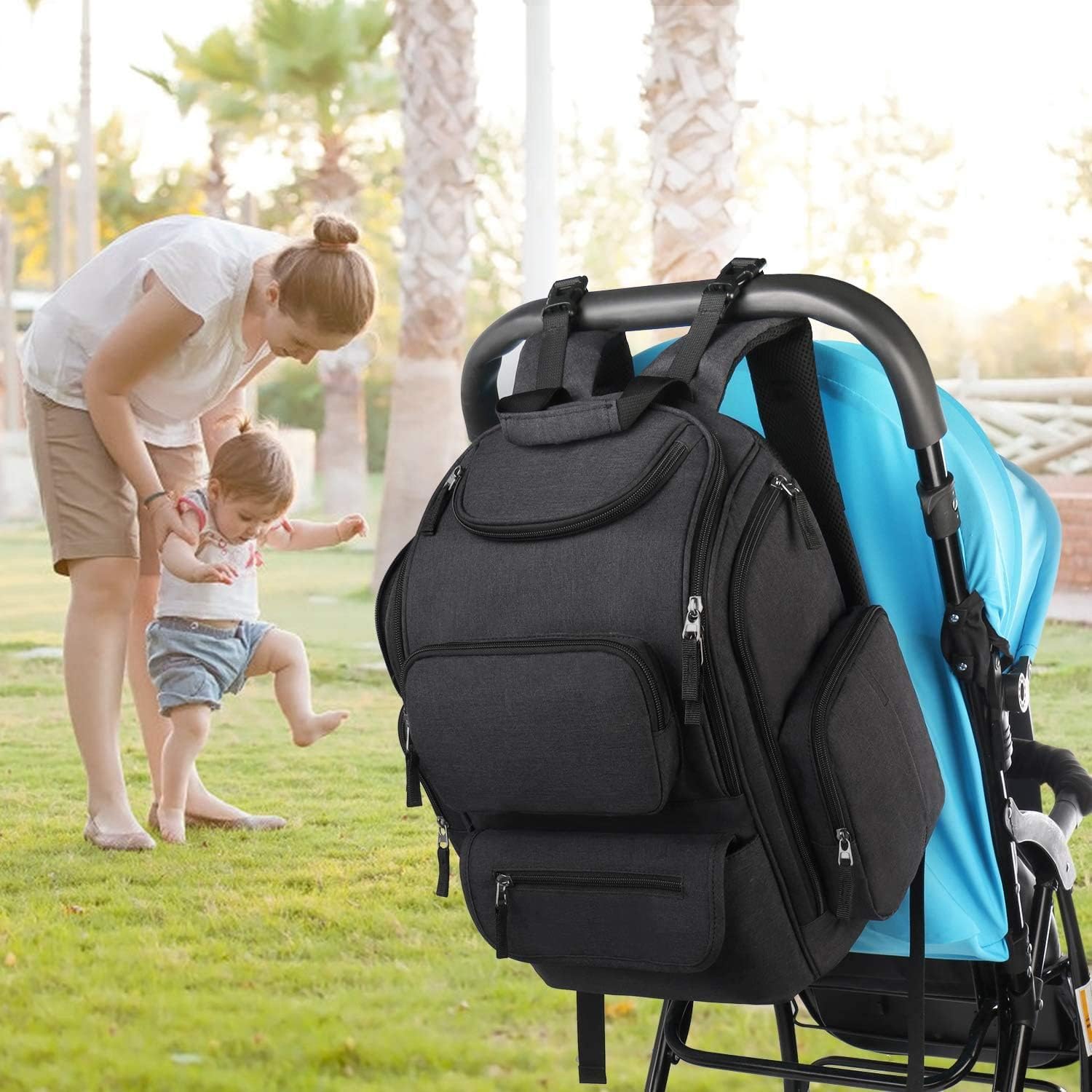 Mancro Diaper Bag Backpack for Men & Women - Large Waterproof Baby Bag with 2 Insulated Side Pockets, Stroller Straps & Travel-Friendly Design - Perfect for Daycare, Travel & On-the-Go Parents (Black)