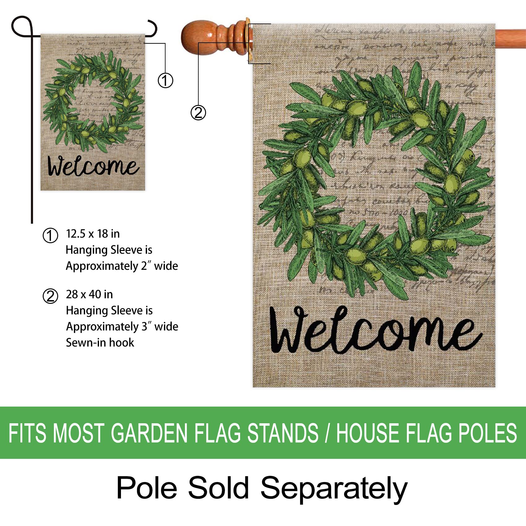 Morigins Welcome Olive Wreath Double-Sided House Flag 28x40 Inch - Summer Outdoor Yard Decor for Porch, Garden & Seasonal Home Decoration