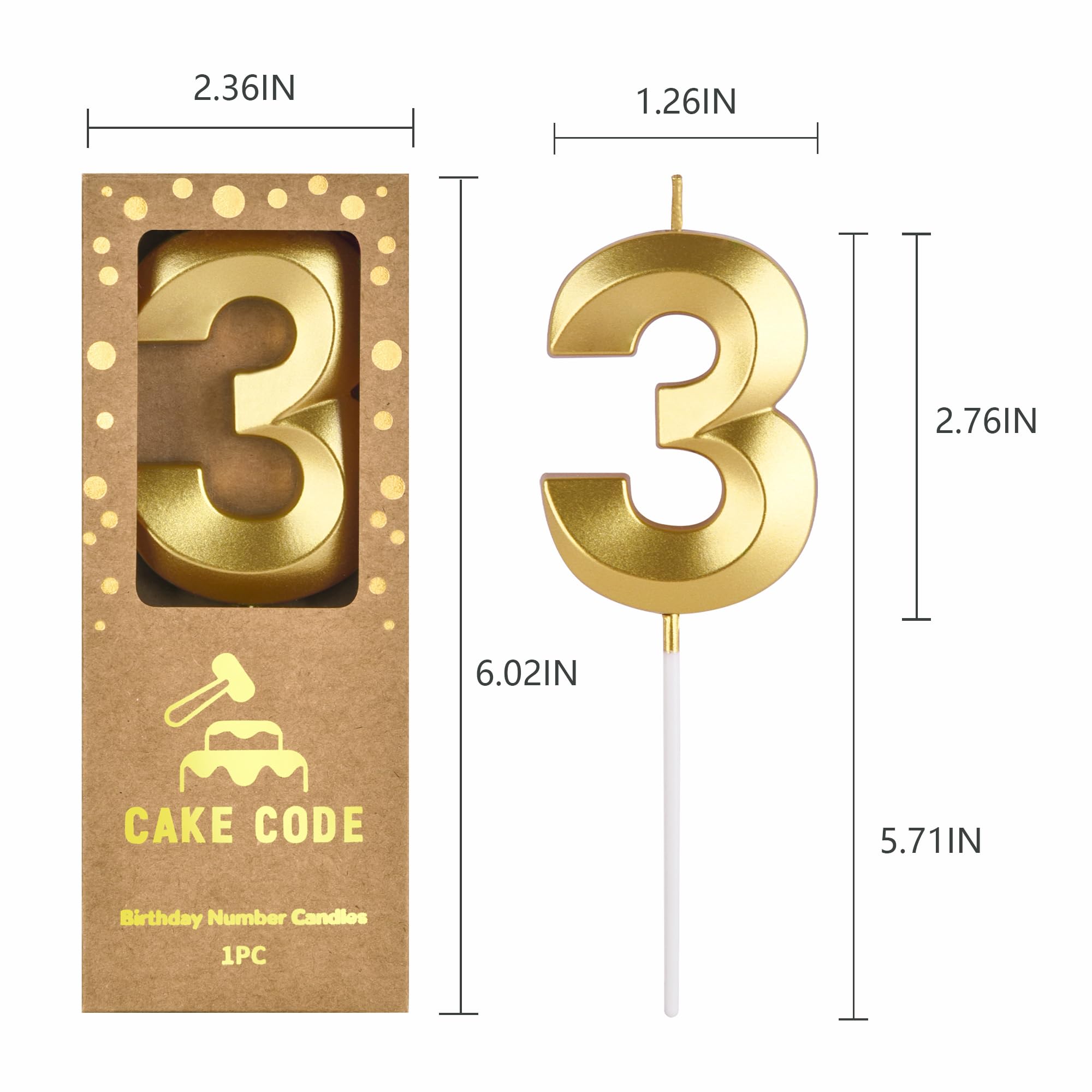 2.76 Inch Diamond Gold Number 3 Birthday Candles for Cake - Elegant Gold Number Candles for Party Decorations & Celebration (Perfect for Birthdays, Anniversaries, and Special Events)