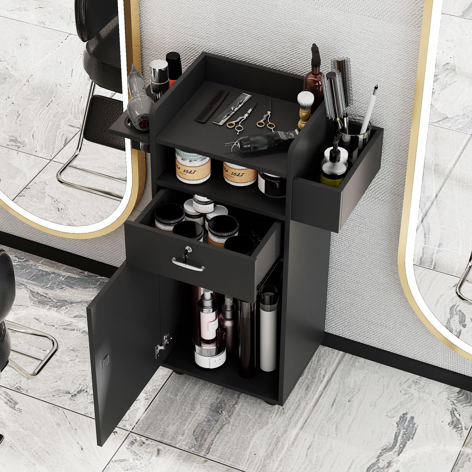 Professional Salon Station Cart with Locking Drawers & 3 Tool Holsters - Versatile Mobile Storage Trolley for Hair Stylists, Home Salons & Spas (15.7