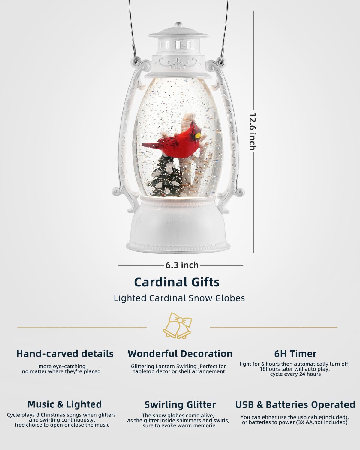 12.6 Inch Large Cardinal Snow Globe with LED Lights - Musical Christmas Snow Globe with Timer & Glitter - Holiday Decor for Home, Office, or Gift (Perfect for Mantel, Tabletop, or Christmas Tree Display)