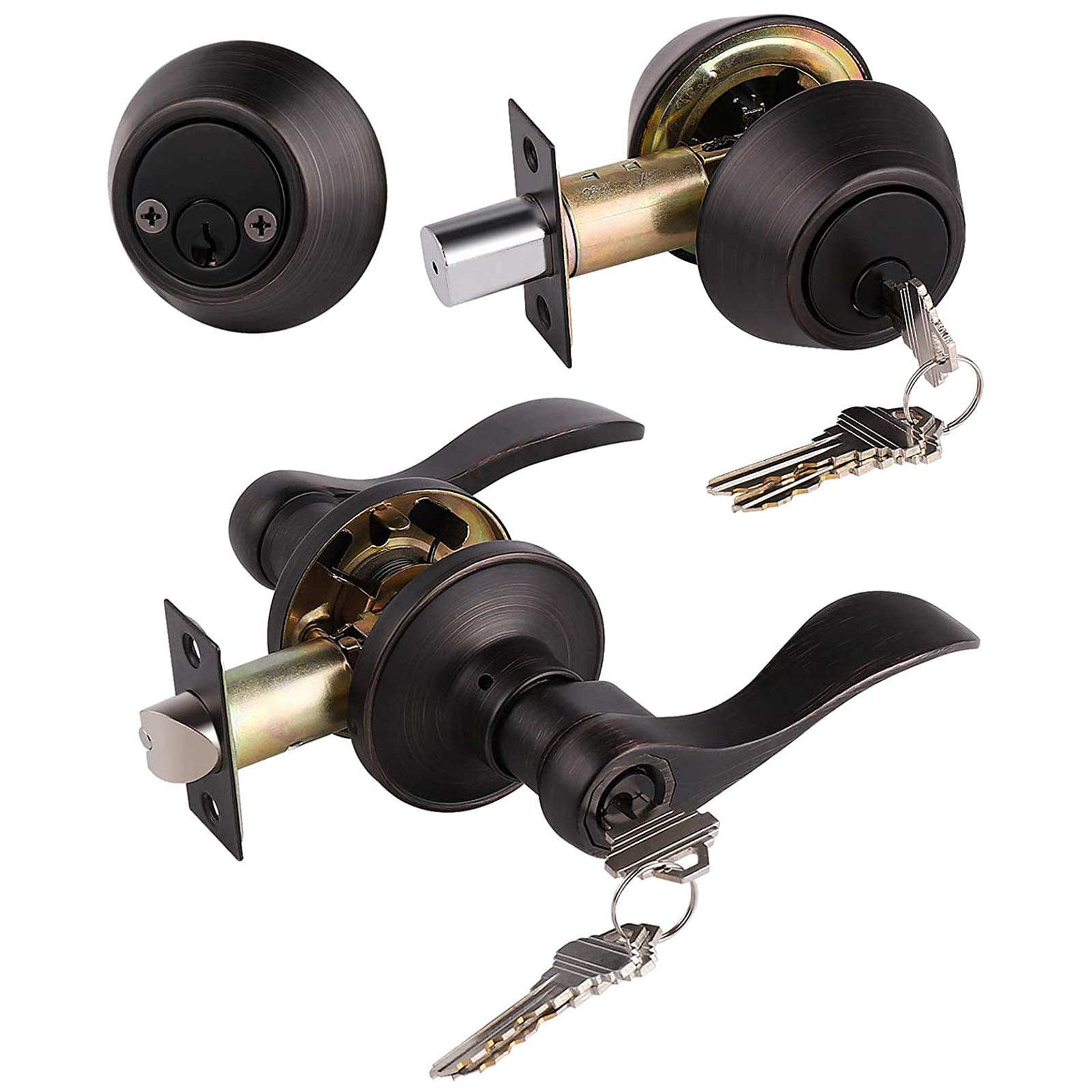 4-Pack Oil Rubbed Bronze Front Door Lever Lockset with Double Cylinder Deadbolt - Keyed Alike & Both Sides - Secure Entry for Homes, Offices & Apartments