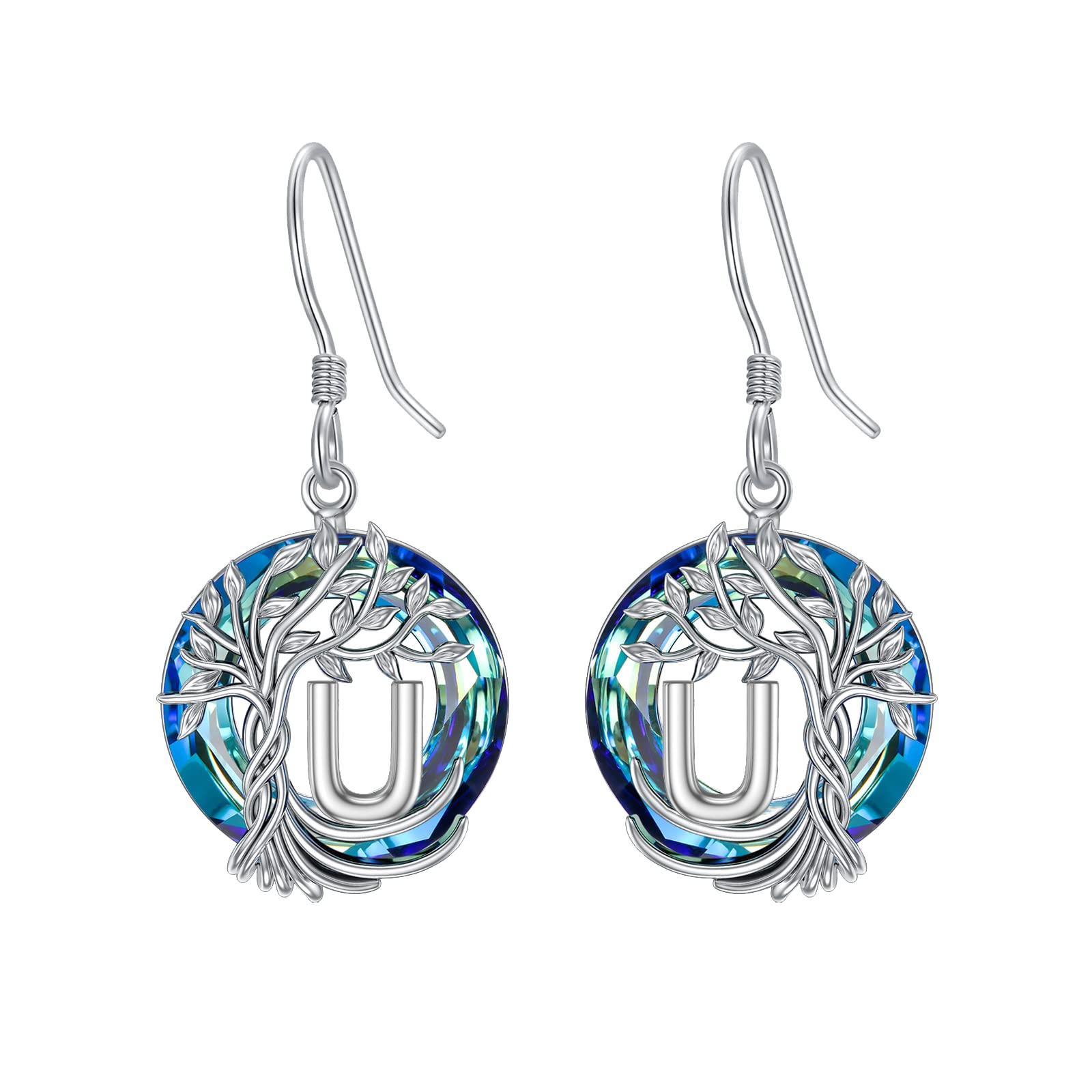 TOUPOP 925 Sterling Silver Tree of Life Initial Earrings with Blue Circle Crystal - A-Z Letter Drop Dangle Jewelry for Women | Valentine's Day, Anniversary & Birthday Gifts for Her, Girlfriend or Mom | Perfect for Date Nights, Weddings & Special Occasions