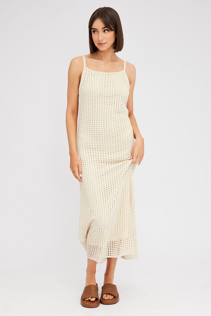 Beige Knit Sleeveless Maxi Dress - Boho Crochet Summer Beach Dress for Women, Perfect for Vacations, Weddings & Date Nights