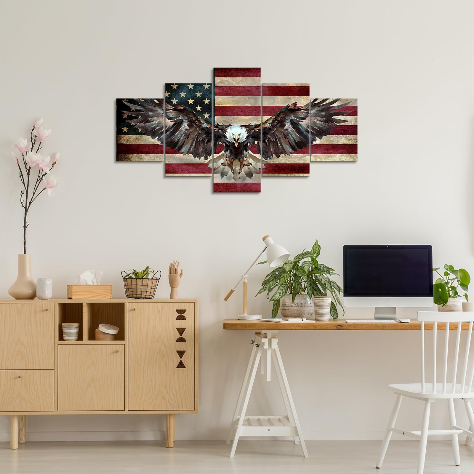 5 Piece American Flag Wall Art Set - Bald Eagle Wooden Canvas Patriotic Decor for Home & Office - Military Army Themed Wall Decor (60''W x 32''H) - Perfect for Living Room, Bedroom, or Office Display