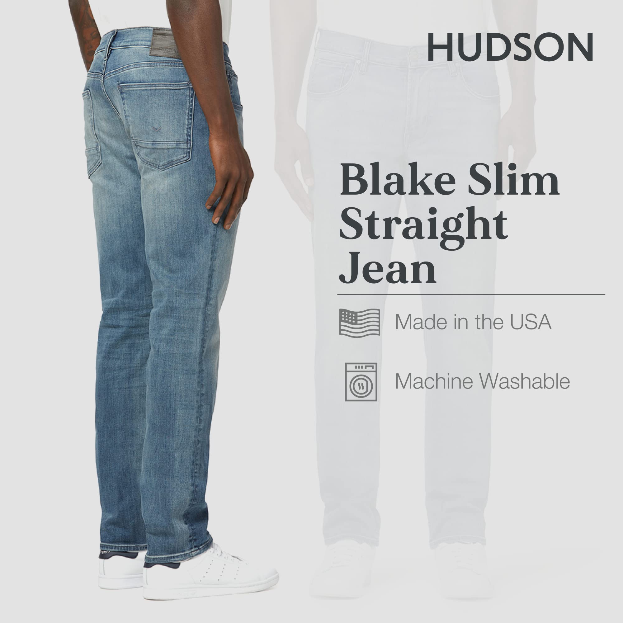 HUDSON Men's Blake Slim Straight Fit Stretch Denim Jeans - Comfortable & Stylish for Casual Wear, Office, and Night Out