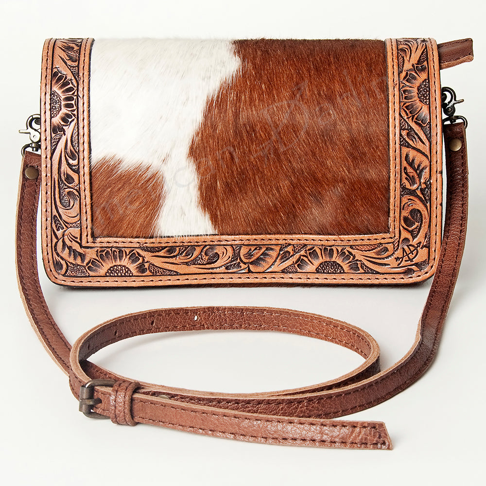 ADBG683 Genuine Leather Women's Western Handbag - American Darling Hand-Tooled Hair-On Cowhide Purse for Casual Outings & Country Events