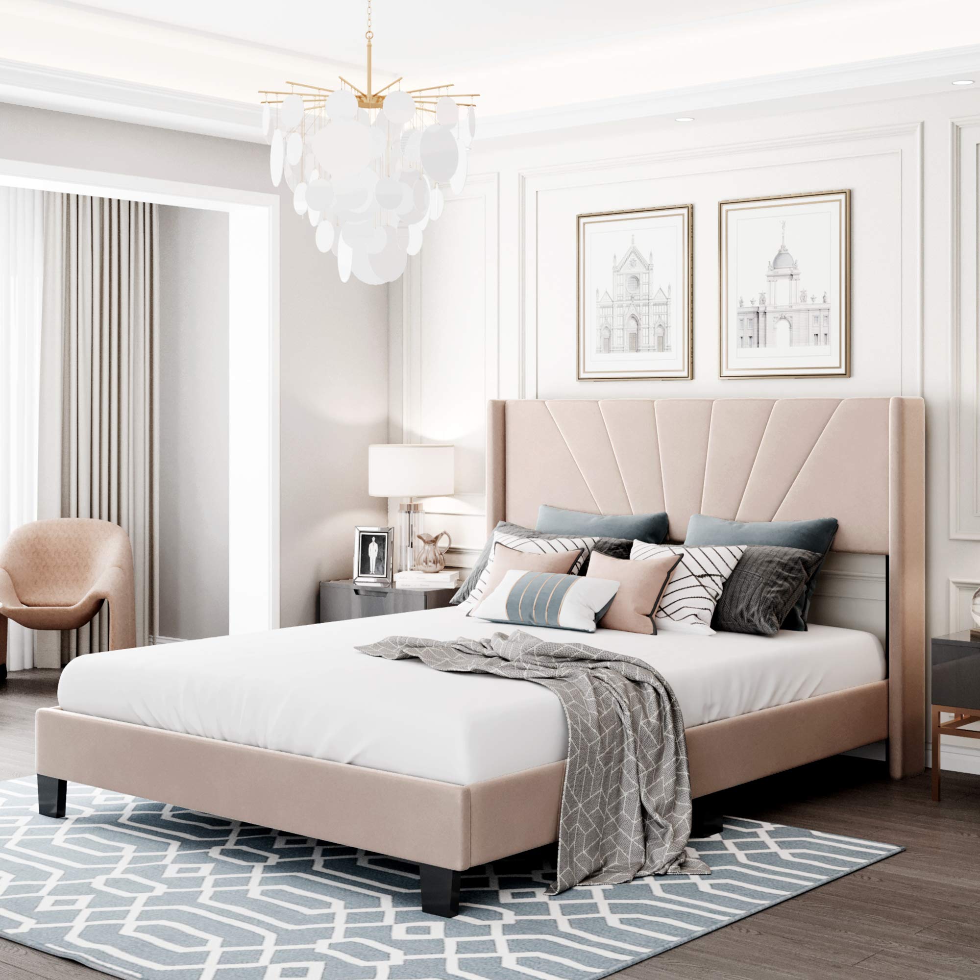 Modern Queen Upholstered Platform Bed Frame - Stylish Beige Velvet Queen Size Bed with Headboard & Wood Slats - Elegant Panel Bed Frame & Mattress Foundation for Bedroom, Guest Room, Master Suite - Perfect for Contemporary Home Decor & Luxury Bedroom Design