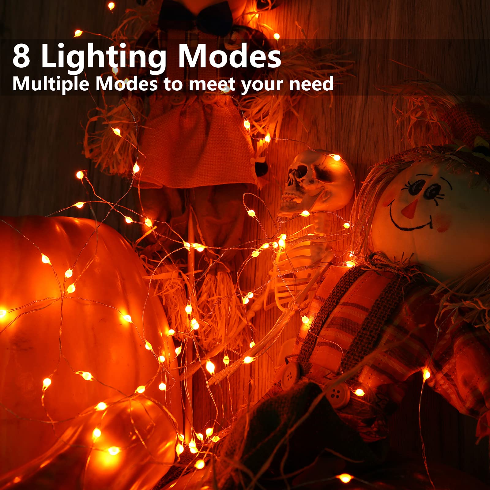Joomer 50 LED Orange Halloween String Lights - 17.59ft Battery Operated Waterproof Fairy Lights with 8 Lighting Modes for Outdoor Haunted House Decorations, Party, Garden, Porch and Yard Halloween Decor
