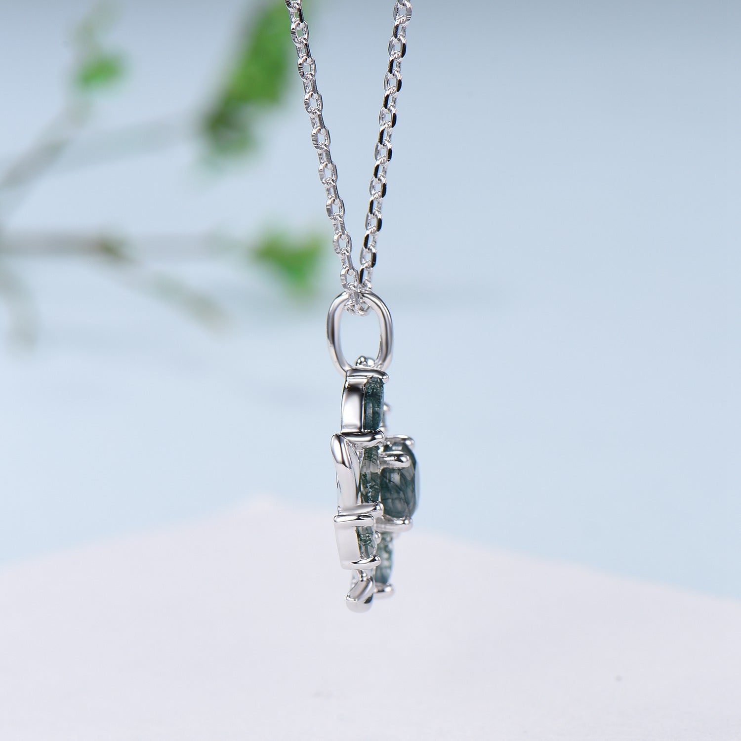 5mm Round Moss Agate Necklace - Nature Inspired Green Agate Pendant with Marquise & Pear Cut | Flower & Snowflake Design | Unique Anniversary Gift for Women | Perfect for Weddings, Date Nights & Special Occasions