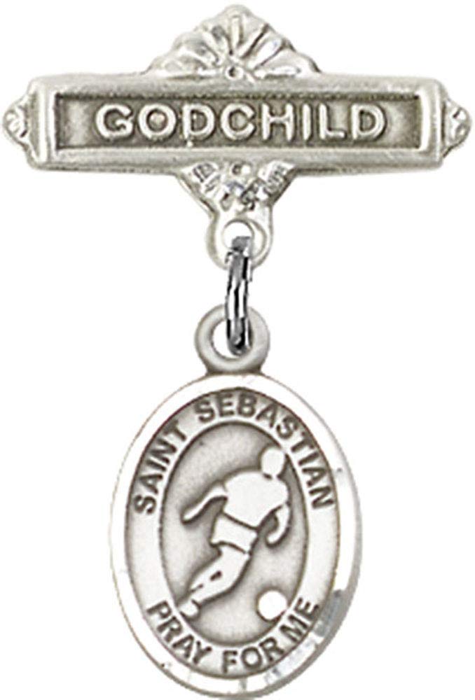 Sterling Silver Baby Badge Pin with St. Sebastian & Soccer Charm - Godchild Gift for Baptism, Christening & First Communion - Handmade in USA | Elegant Religious Jewelry for Special Occasions