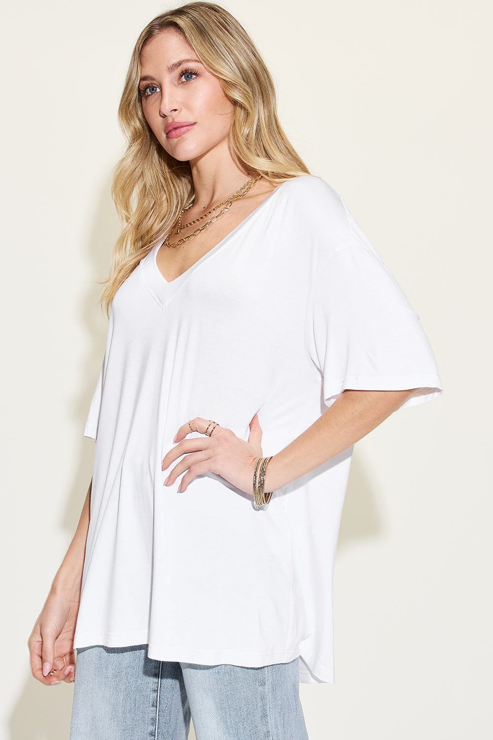 Basic Bae Full Size Bamboo V-Neck Drop Shoulder T-Shirt for Women | Soft Eco-Friendly Casual Tee | Perfect for Everyday Wear, Yoga & Lounge