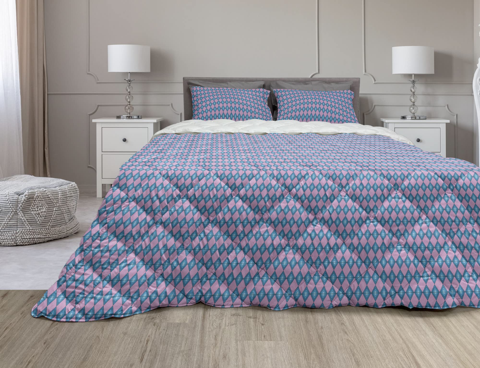 Ambesonne Bohemian Geometric Comforter Set - 3 Piece King Size Duvet Cover with Microfiber Filling, Modern Symmetric Rhombus Design in Lilac & Dark Turquoise - Perfect for Bohemian Bedroom Decor & Guest Room Styling