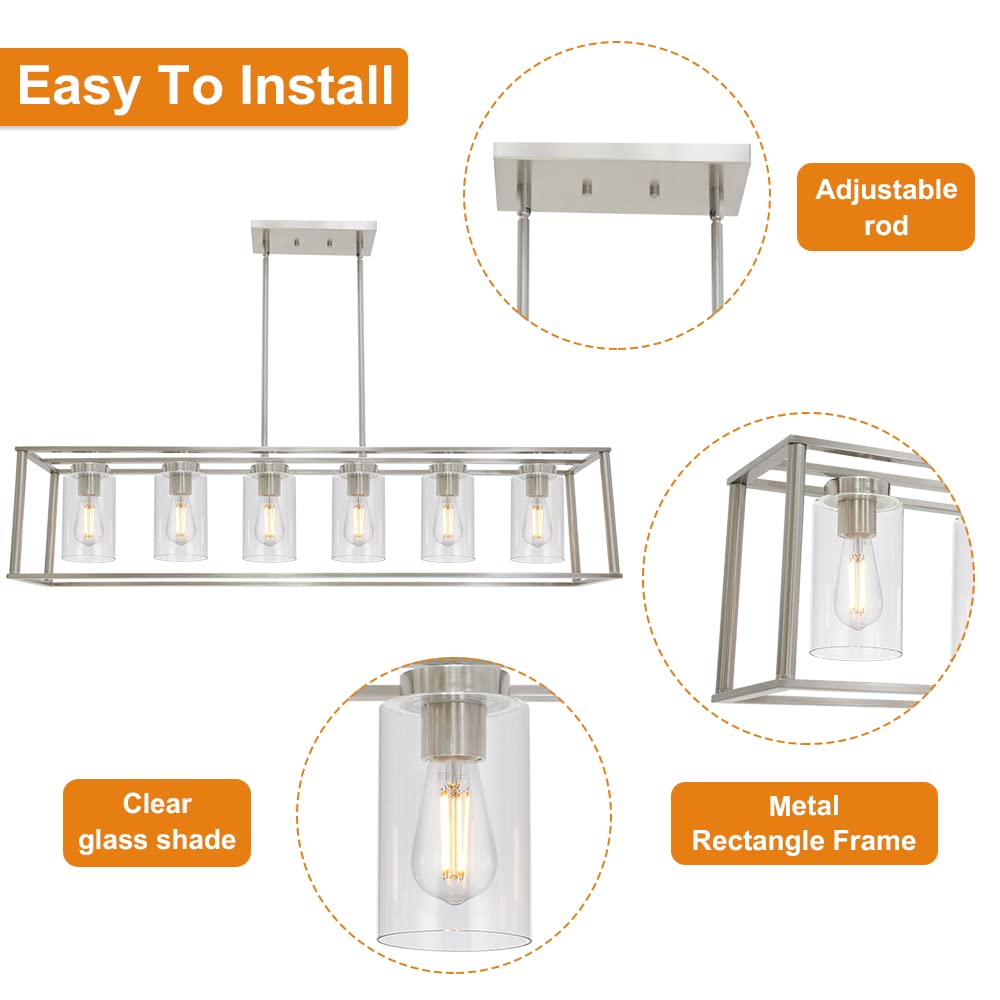 VINLUZ 6-Light Modern Chandelier Brushed Nickel Rectangular Pendant Light - Industrial Style Dining Room & Kitchen Island Lighting Fixture with Glass Shade | Perfect for Farmhouse, Restaurant and Open Concept Spaces