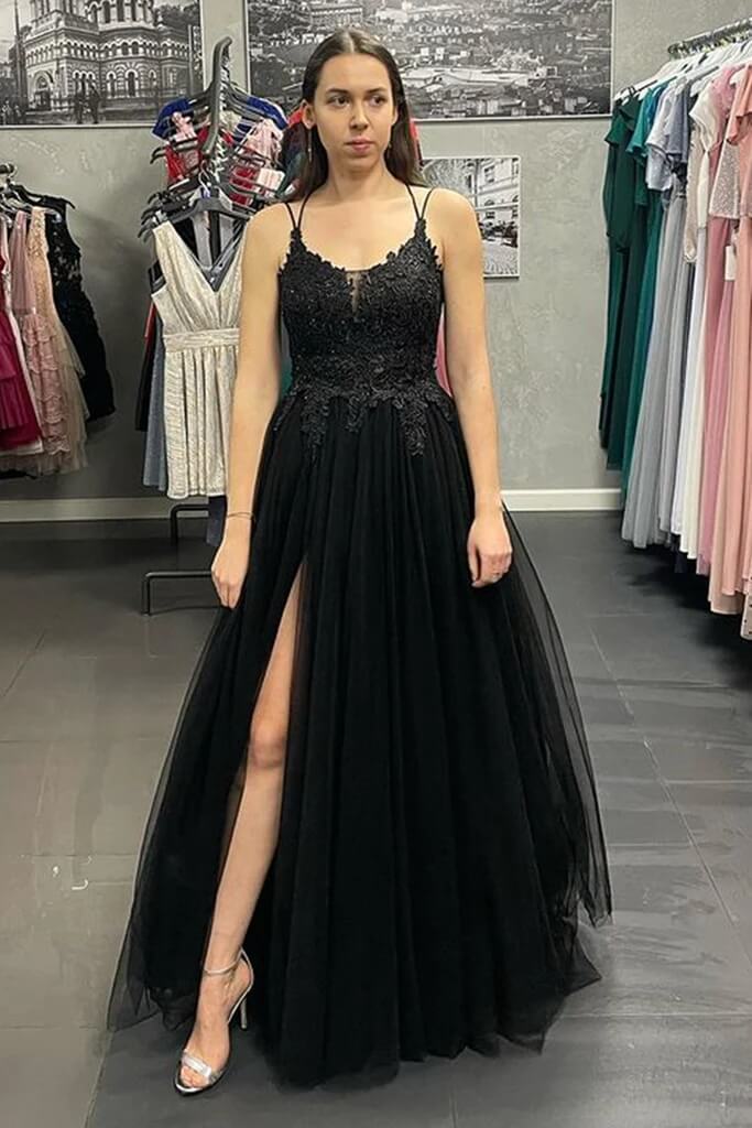 Elegant Black Lace Long Prom Dress - V Neck Backless Tulle Formal Gown with High Slit | Perfect for Homecoming, Evening Parties & Special Occasions