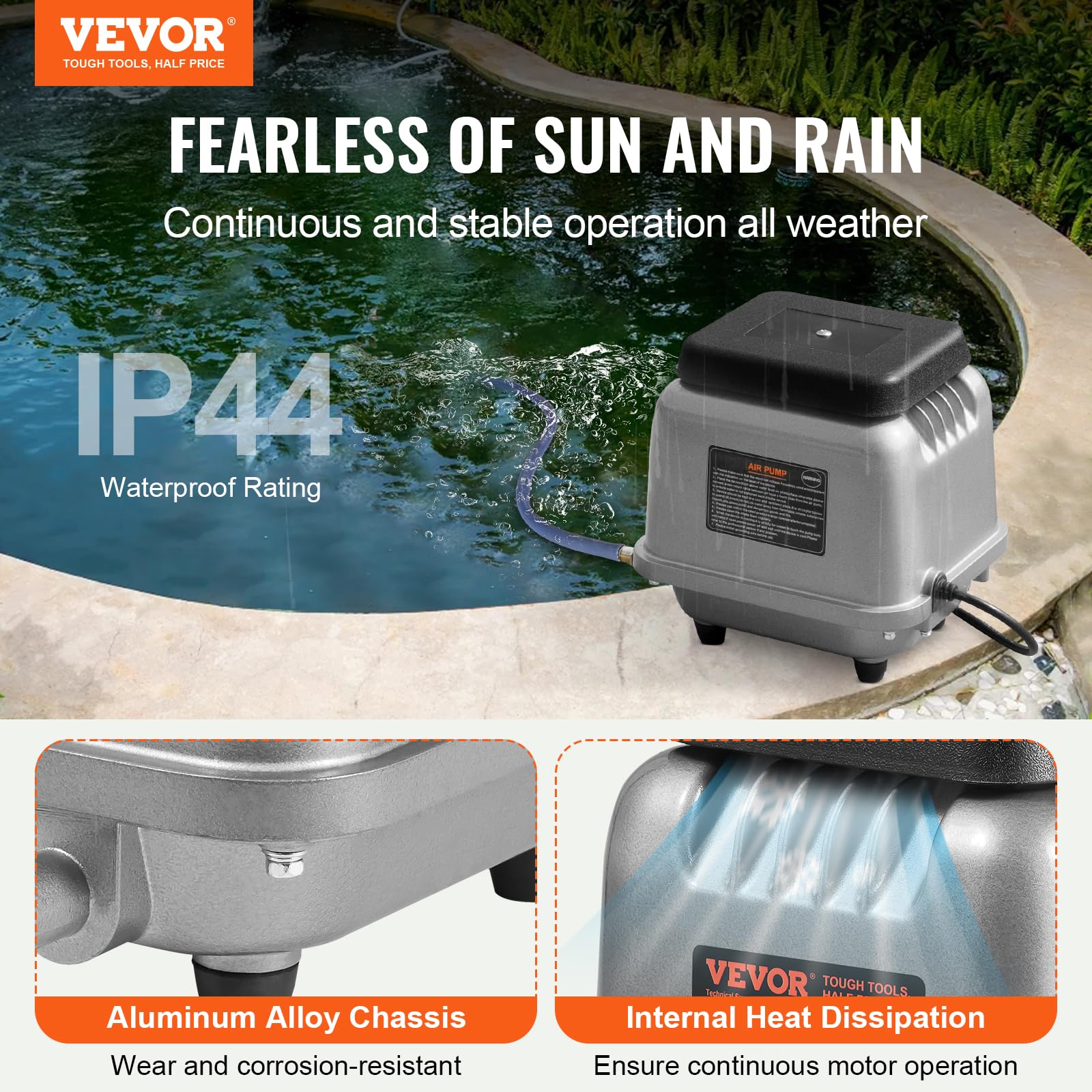 VEVOR Linear Air Pump 109L/Min High Flow Septic Aerator Pump - Aeration System for 1/2 Acre Ponds (10ft Deep), Water Gardens, Waste Treatment, Septic Tanks, Aquariums & Fish Farms - Ideal for Backyard Ponds, Commercial Aquaculture & Seafood Restaurants