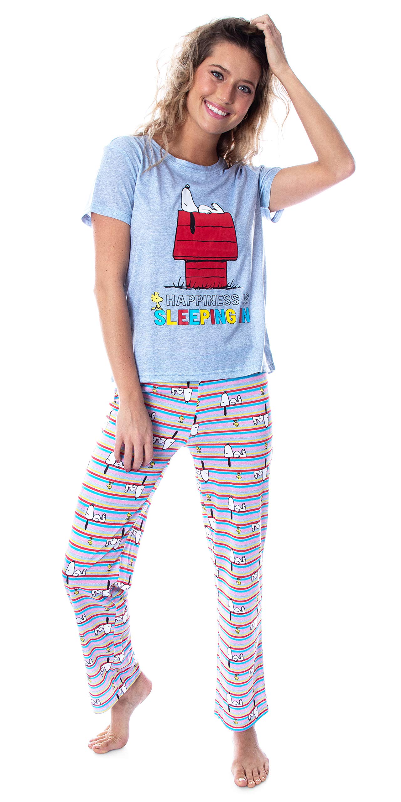 INTIMO Peanuts Women's Snoopy 'Happiness is Sleeping' Pajama Set - Cozy Sleepwear Shirt & Pants for Lounge, Bedtime & Relaxation