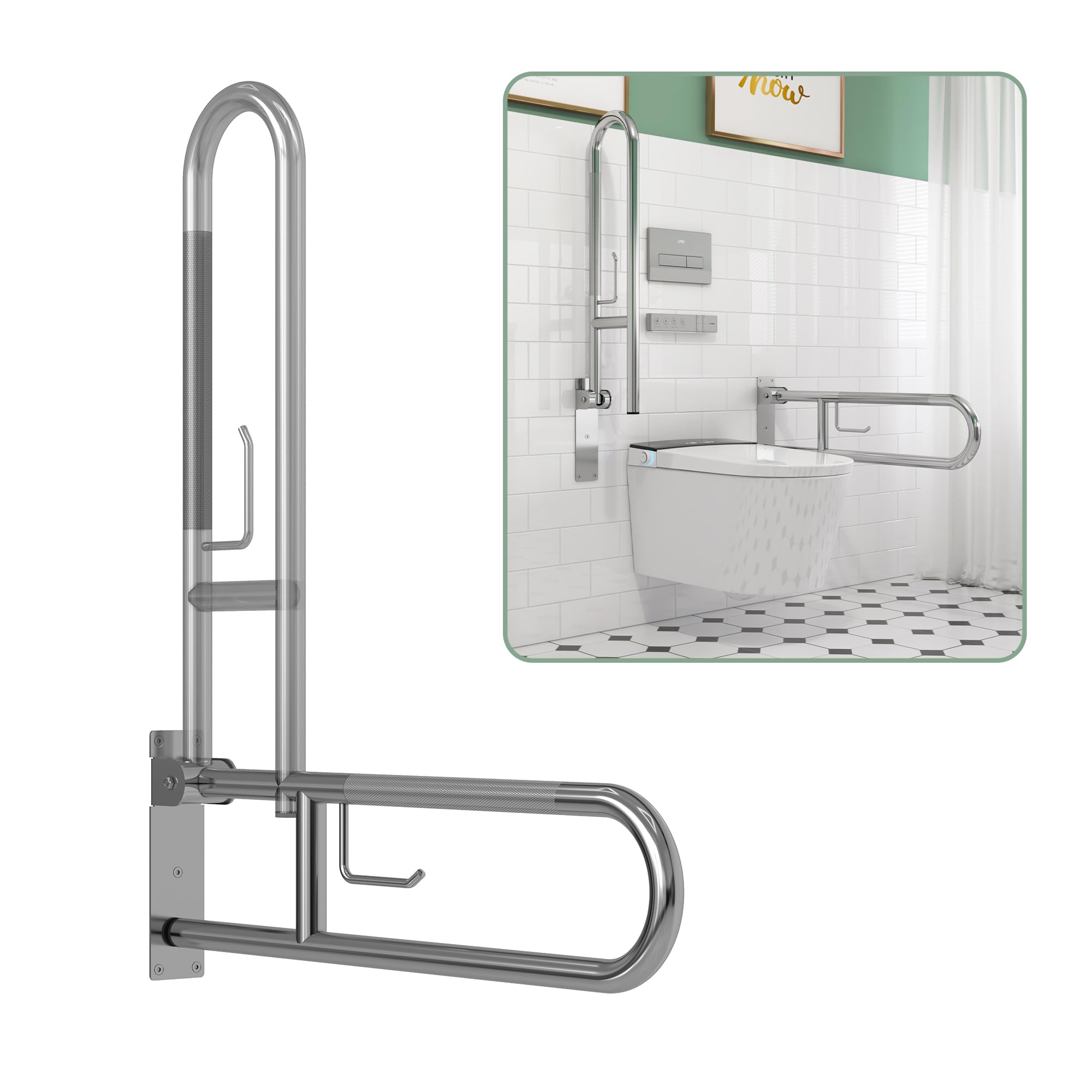 MEJE 31.5 Inch Stainless Steel U-Shaped Toilet Grab Bar - Anti-Slip Flip-Up Bathroom Safety Rail with Paper Holder for Elderly, Disabled & Pregnant - Shower Assist Aid for Bathroom Safety & Accessibility