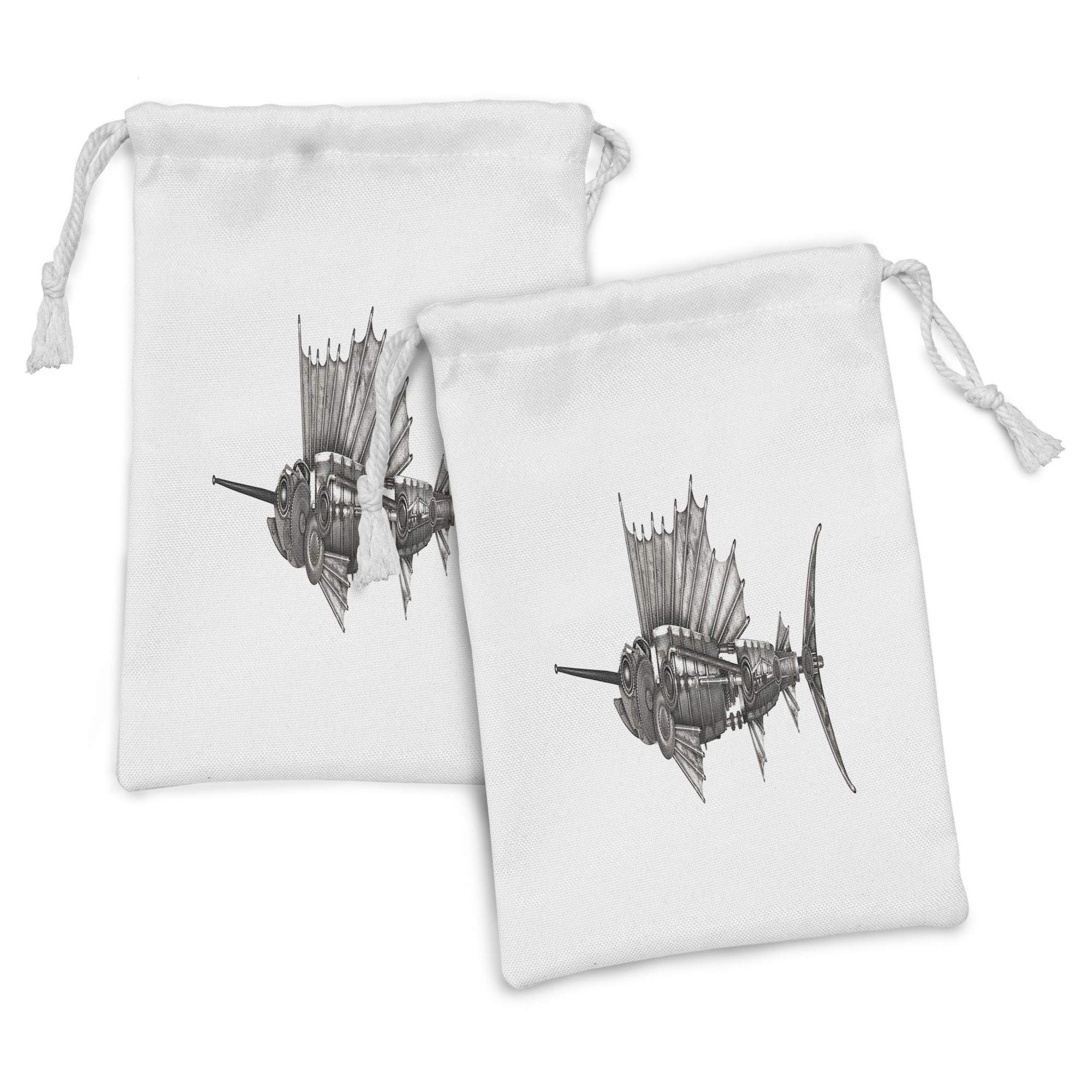 Ambesonne Steampunk Fabric Pouch Set of 2 - Mechanical Sailfish Design with Wheels, Small Drawstring Bag for Toiletries, Masks & Gifts (9