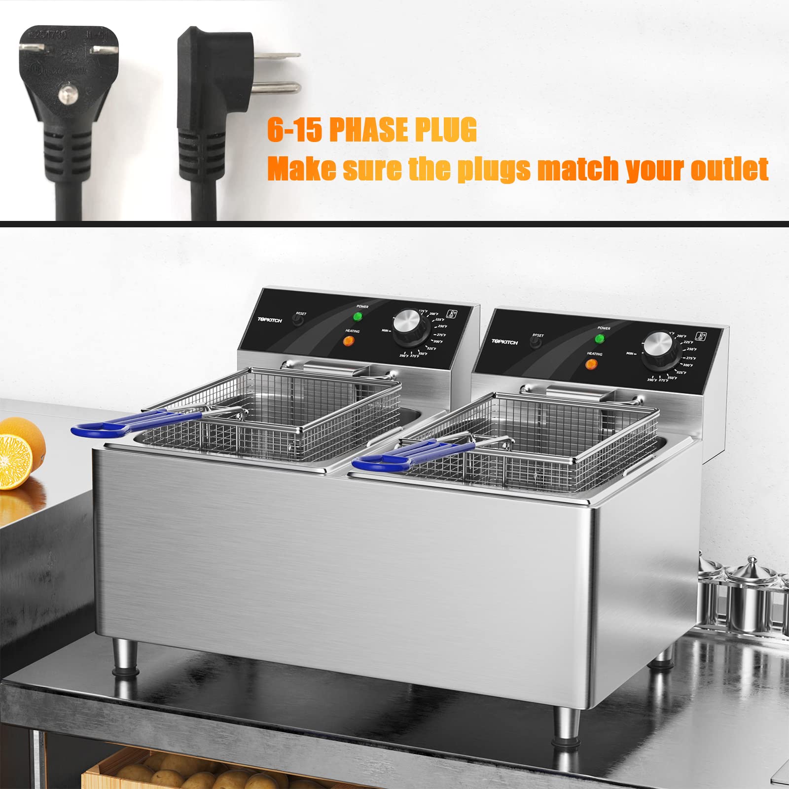 Commercial Deep Fryer 12L x 2 (25.4QT) Dual Tank Electric Deep Fryer with 2 Baskets - 3300W x 2, 240V, Two 6-15 Phase Plugs - Perfect for Restaurants, Fast Food Shops & Catering Businesses