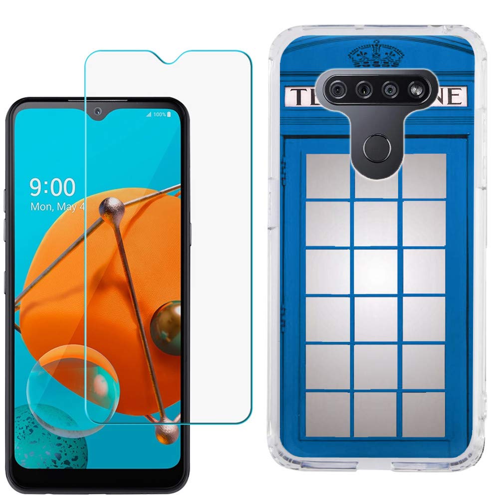 LG K51 Phone Case, Slim Fit TPU Gel Protective Cover with Tempered Glass Screen Protector - Shockproof & Scratch Resistant - Phone Booth Blue - Perfect for Everyday Use & Outdoor Activities